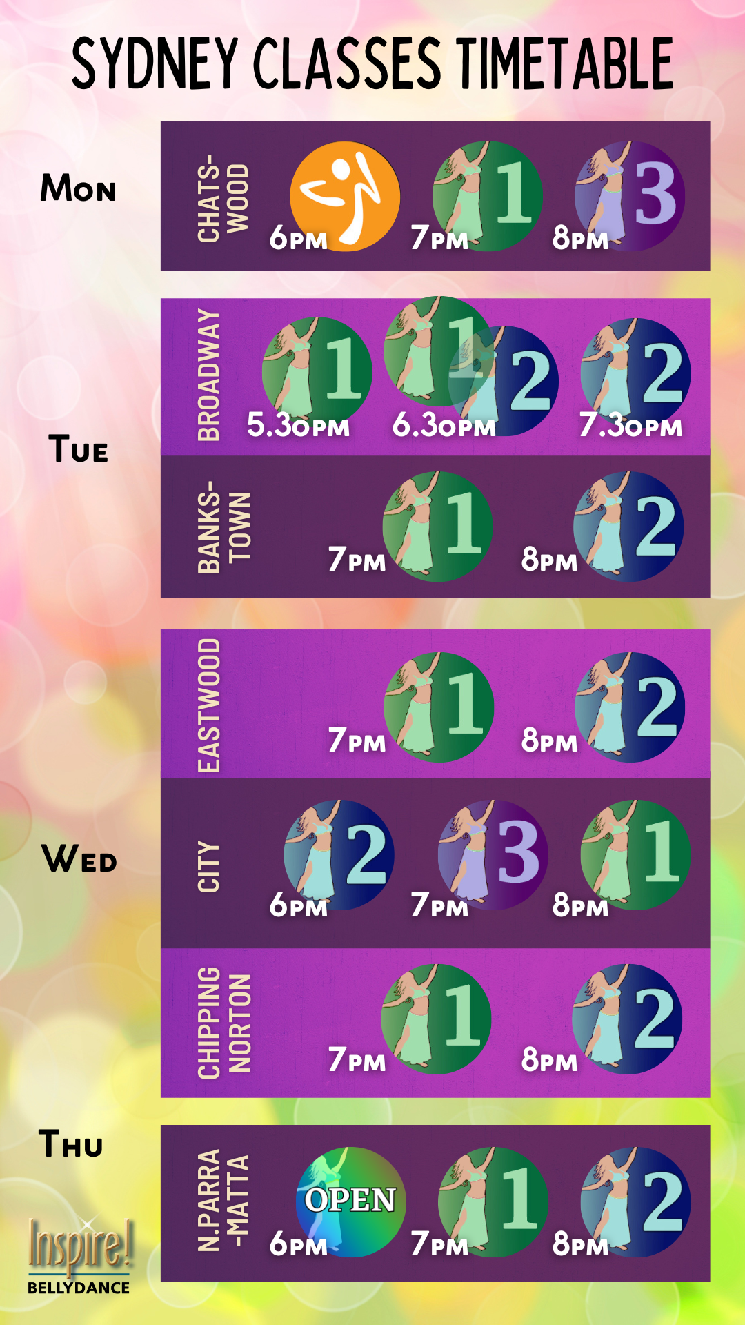 Class timetable - Sydney Bellydance  - October-December, 2026