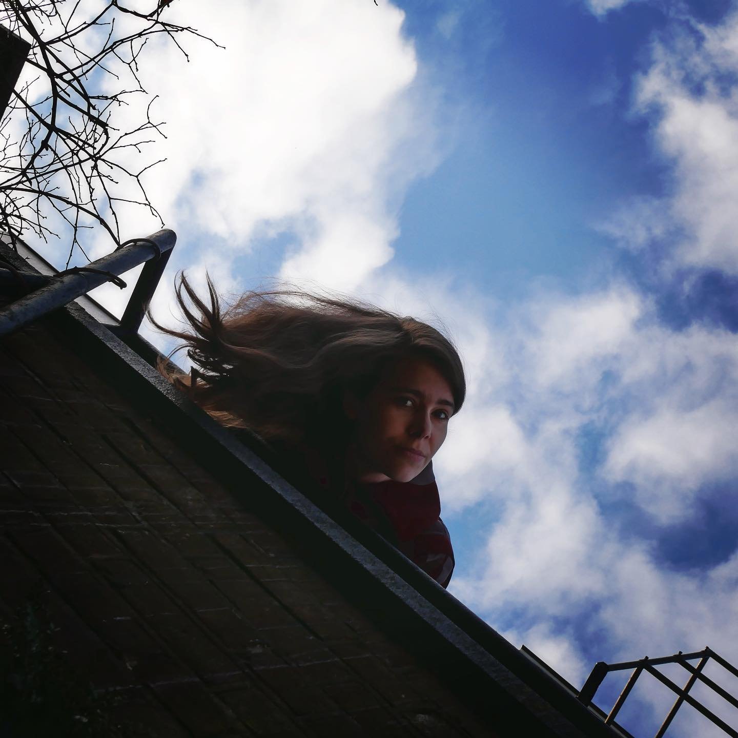Been growing it in preparation off my Big Escape One Day... #rapunzel #housebound #mecfs #chronicillness #longhair #stuckinatower #millionsmissing [ID: person hanging her long brown hair down the balcony with above a bright blue cloudy sky]