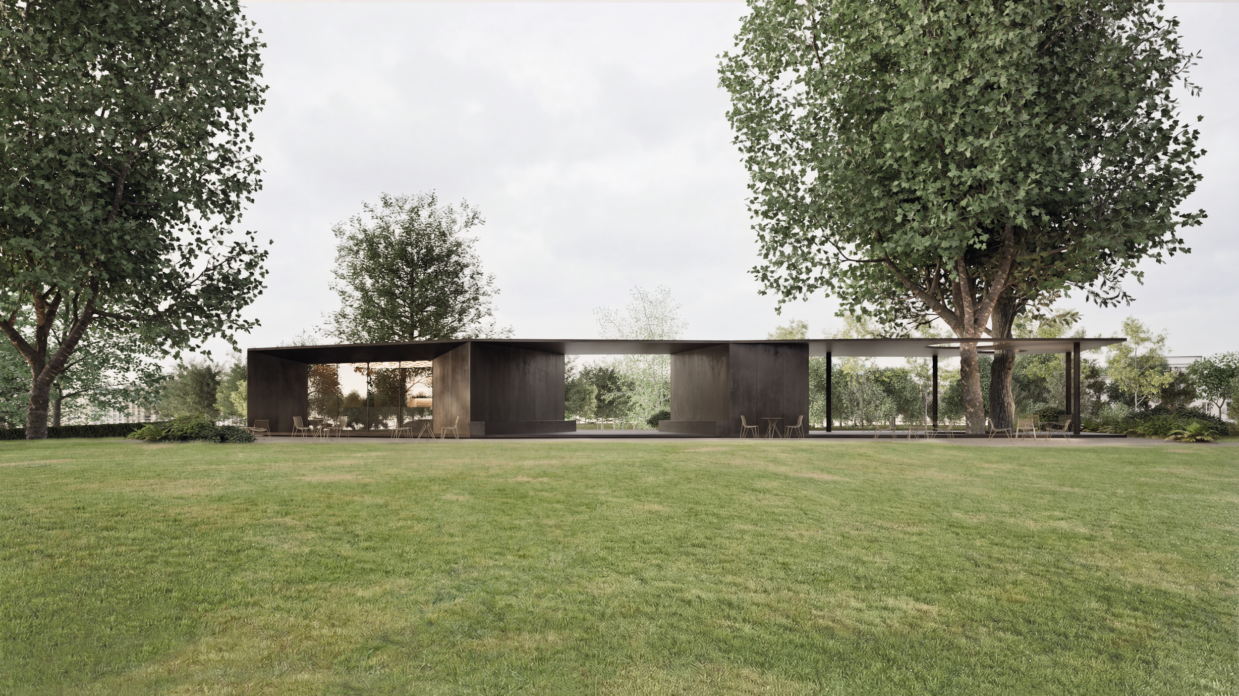Proposal for a new café pavilion, where oxidized tombak blends architecture with nature. Pavilion Oxid.