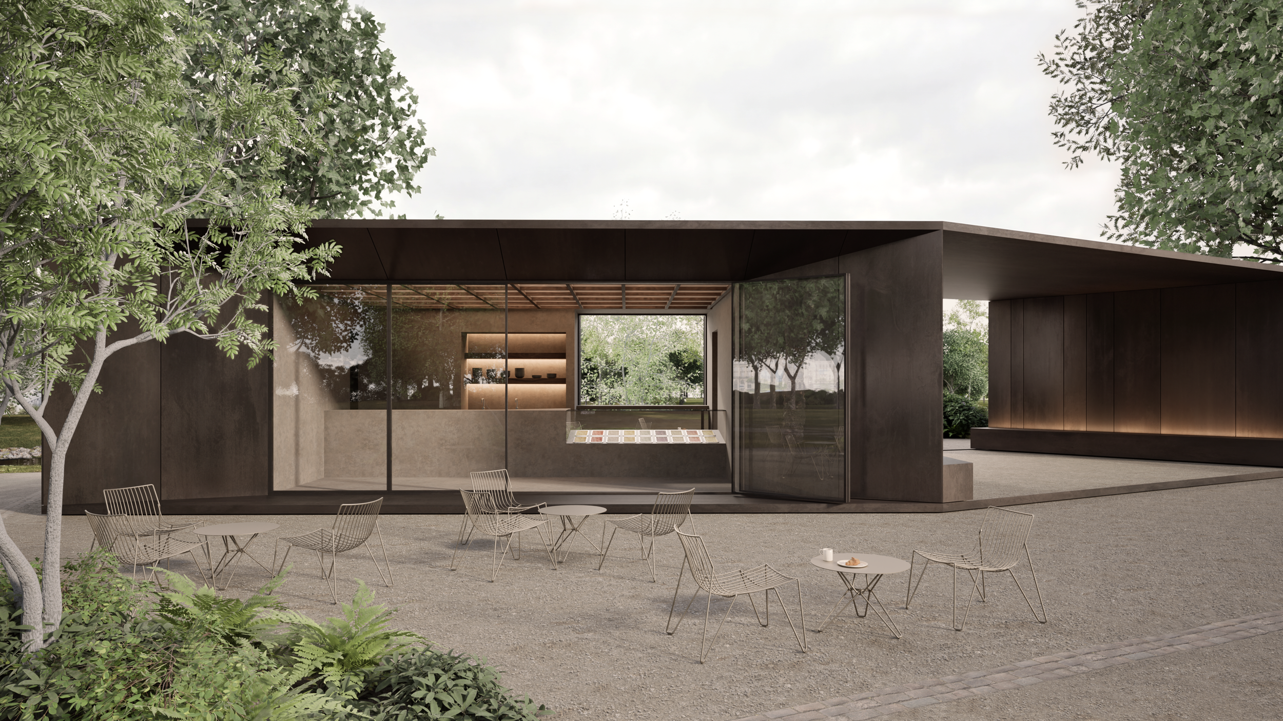 Proposal for a new café pavilion, where oxidized tombak blends architecture with nature. Pavilion Oxid.