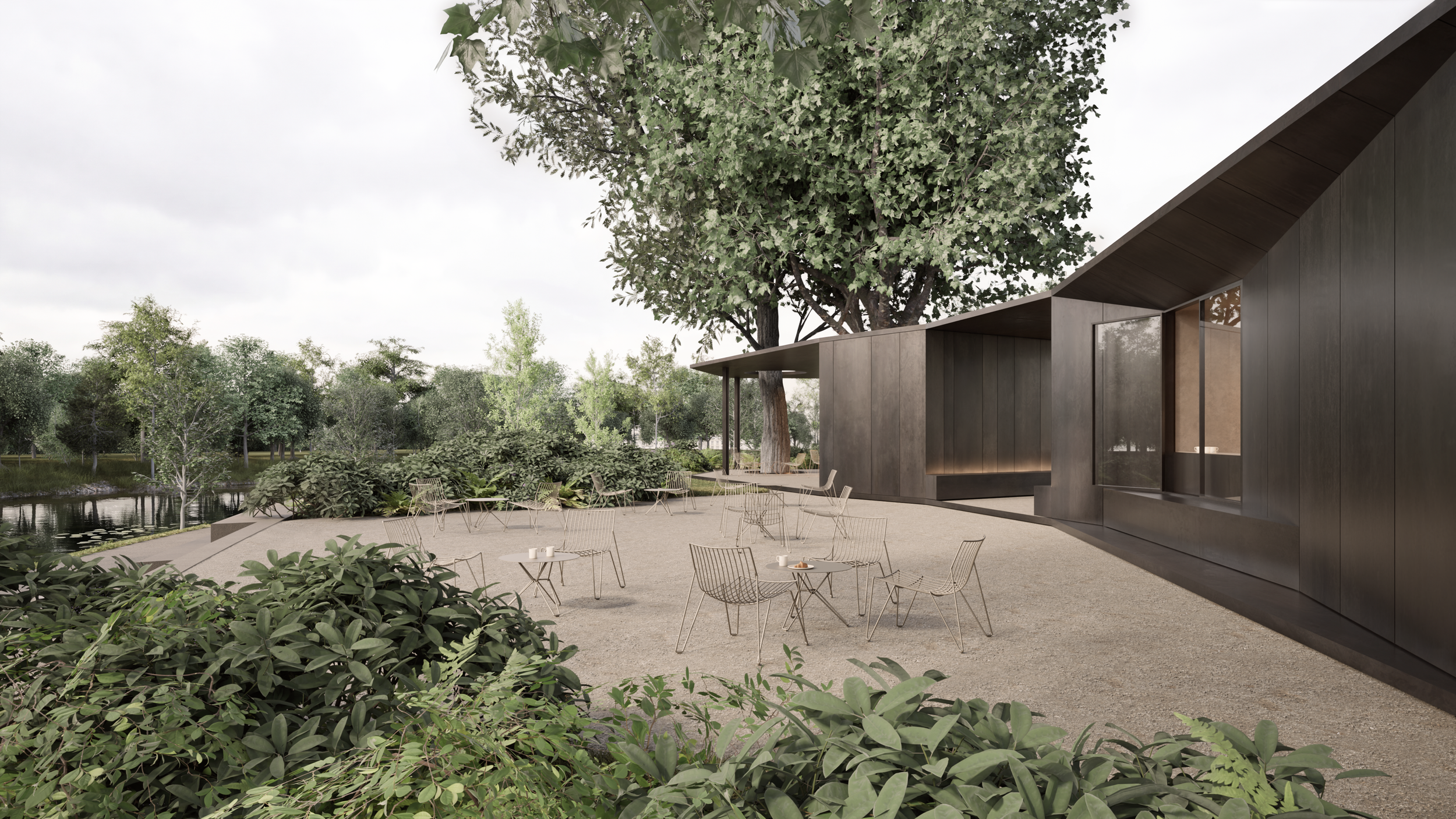 Proposal for a new café pavilion, where oxidized tombak blends architecture with nature. Pavilion Oxid.