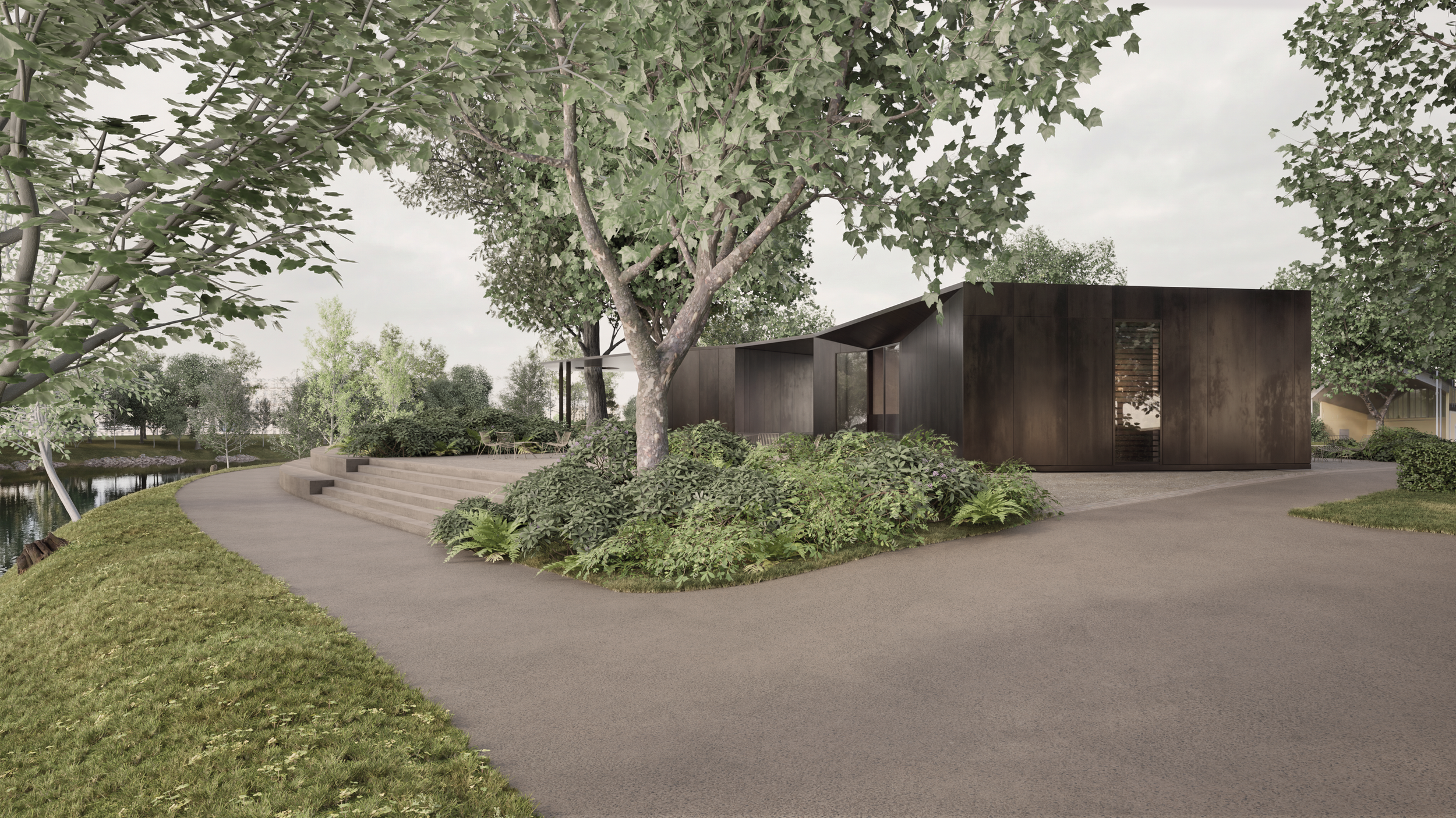 Proposal for a new café pavilion, where oxidized tombak blends architecture with nature. Pavilion Oxid.