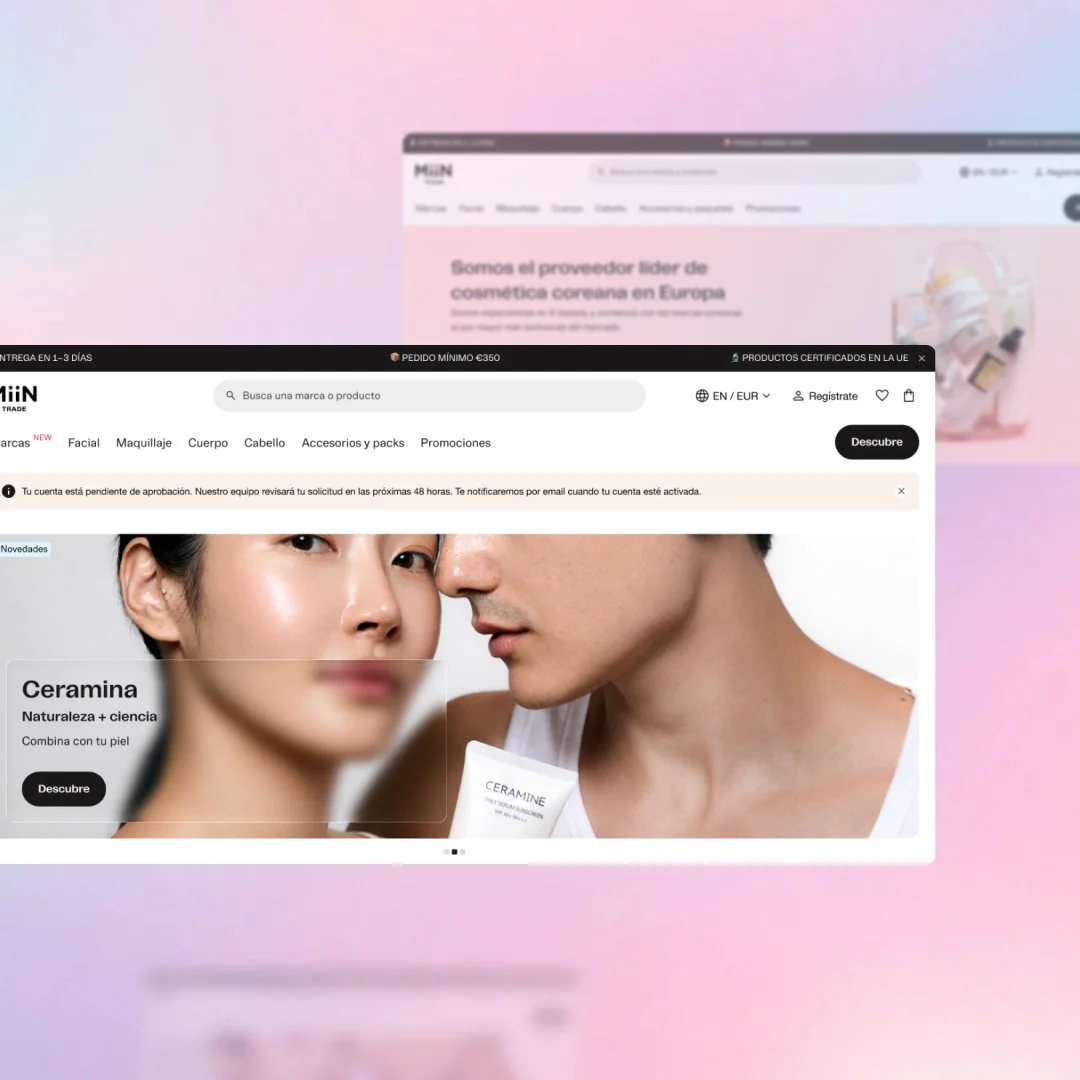 Página de catálogo de cosmética coreana con buscador, categorías de productos y banner promocional con modelos.