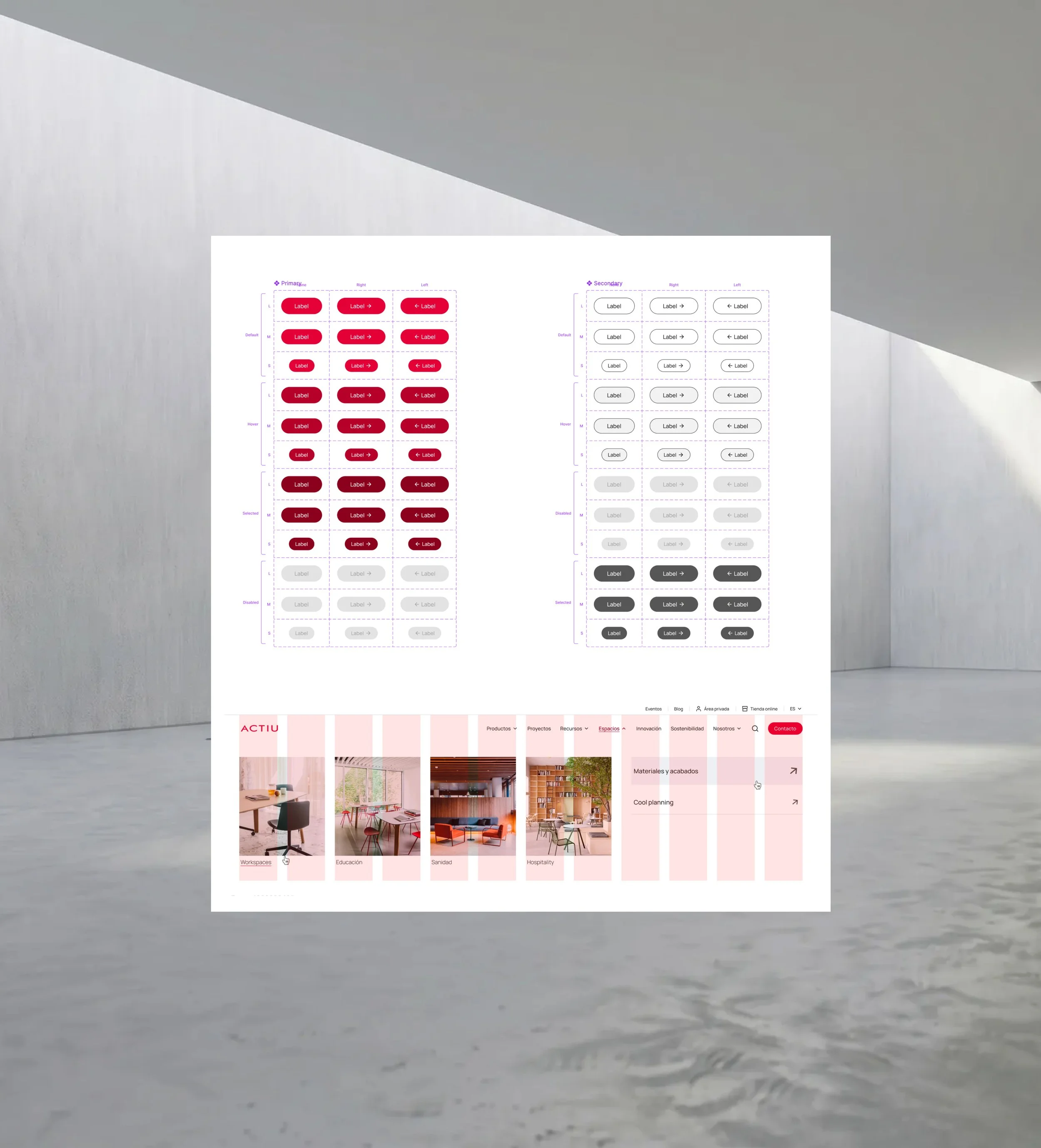 Sistema de diseño de botones (primary y secondary con estados y variantes) aplicado sobre una interfaz web de ACTIU con grid y navegación.