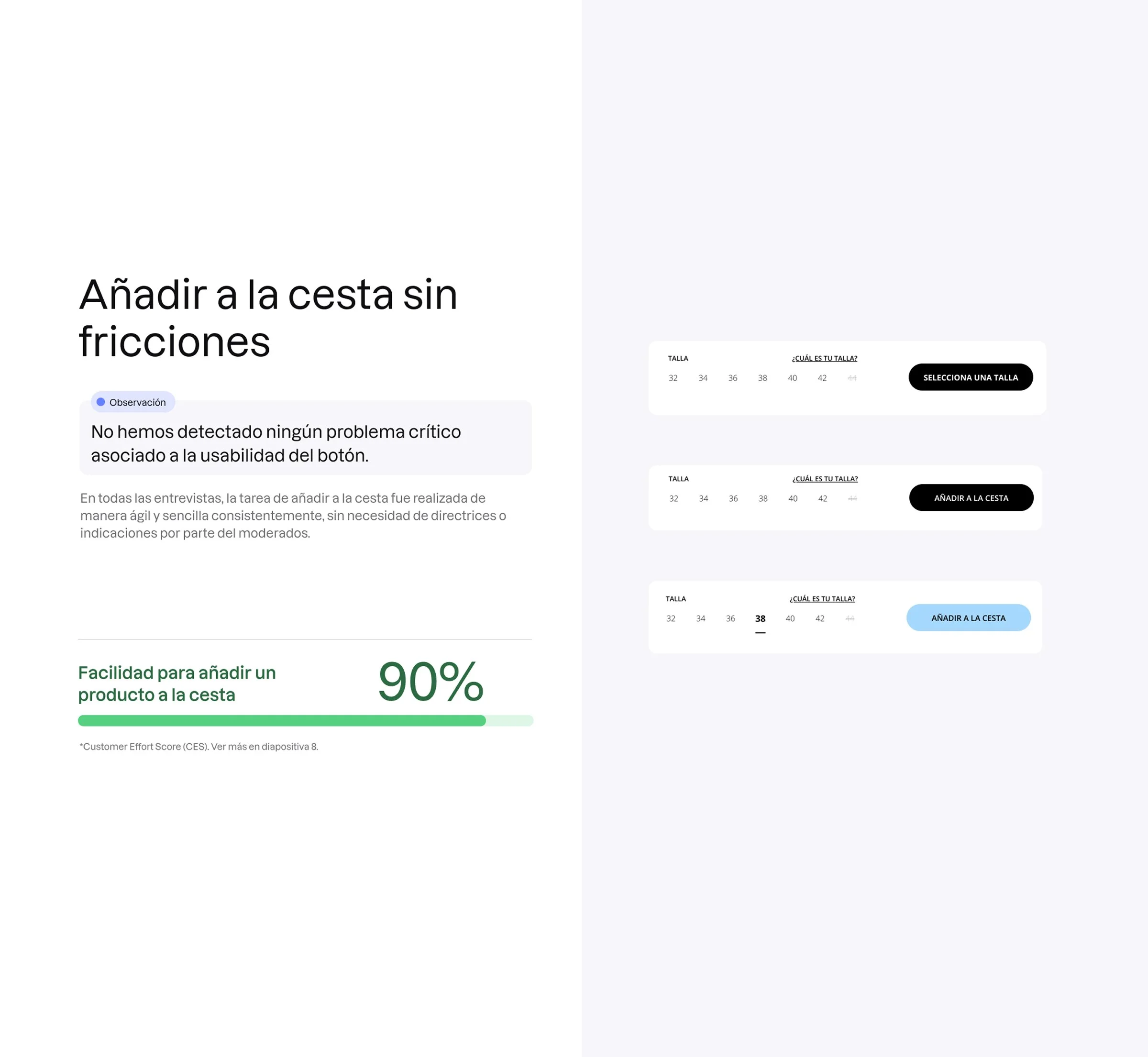 Diapositiva de análisis UX sobre añadir productos a la cesta, con métricas de usabilidad del 90% y ejemplos de selector de talla con botones de compra.