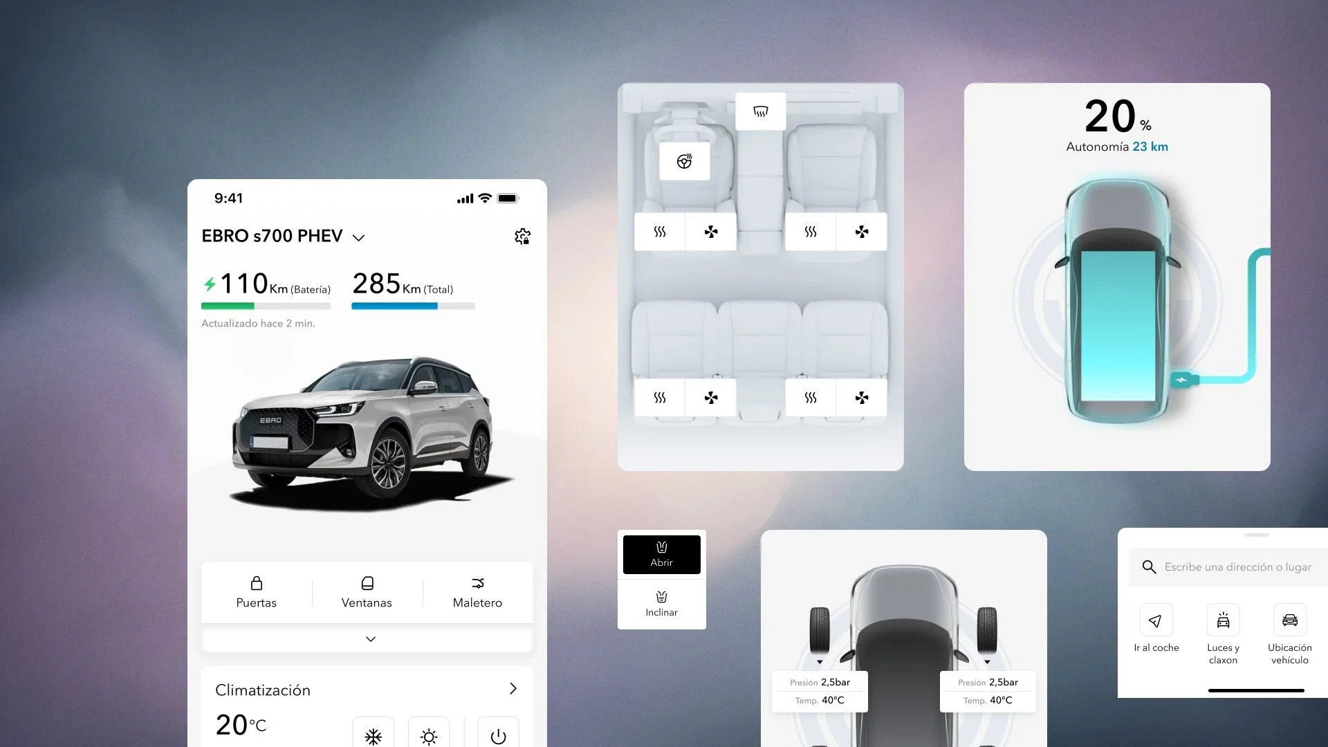 Collage de pantallas de una app para vehículo Ebro s700 PHEV con control remoto, climatización, carga, autonomía, neumáticos y funciones del coche.