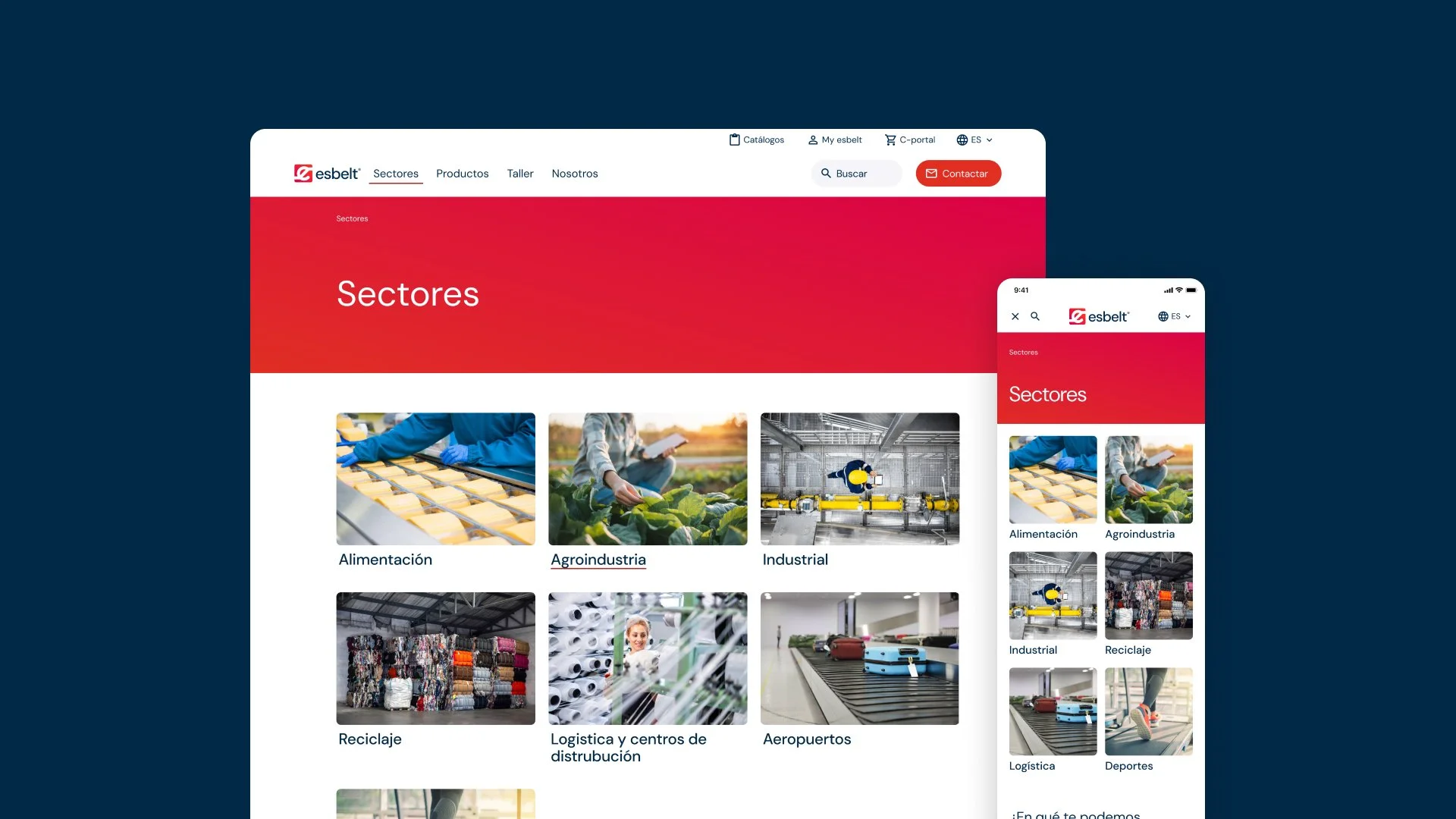 Diseño responsive de la web Esbelt en ordenador y móvil, mostrando página de sectores con categorías como alimentación, agroindustria, industrial y reciclaje.