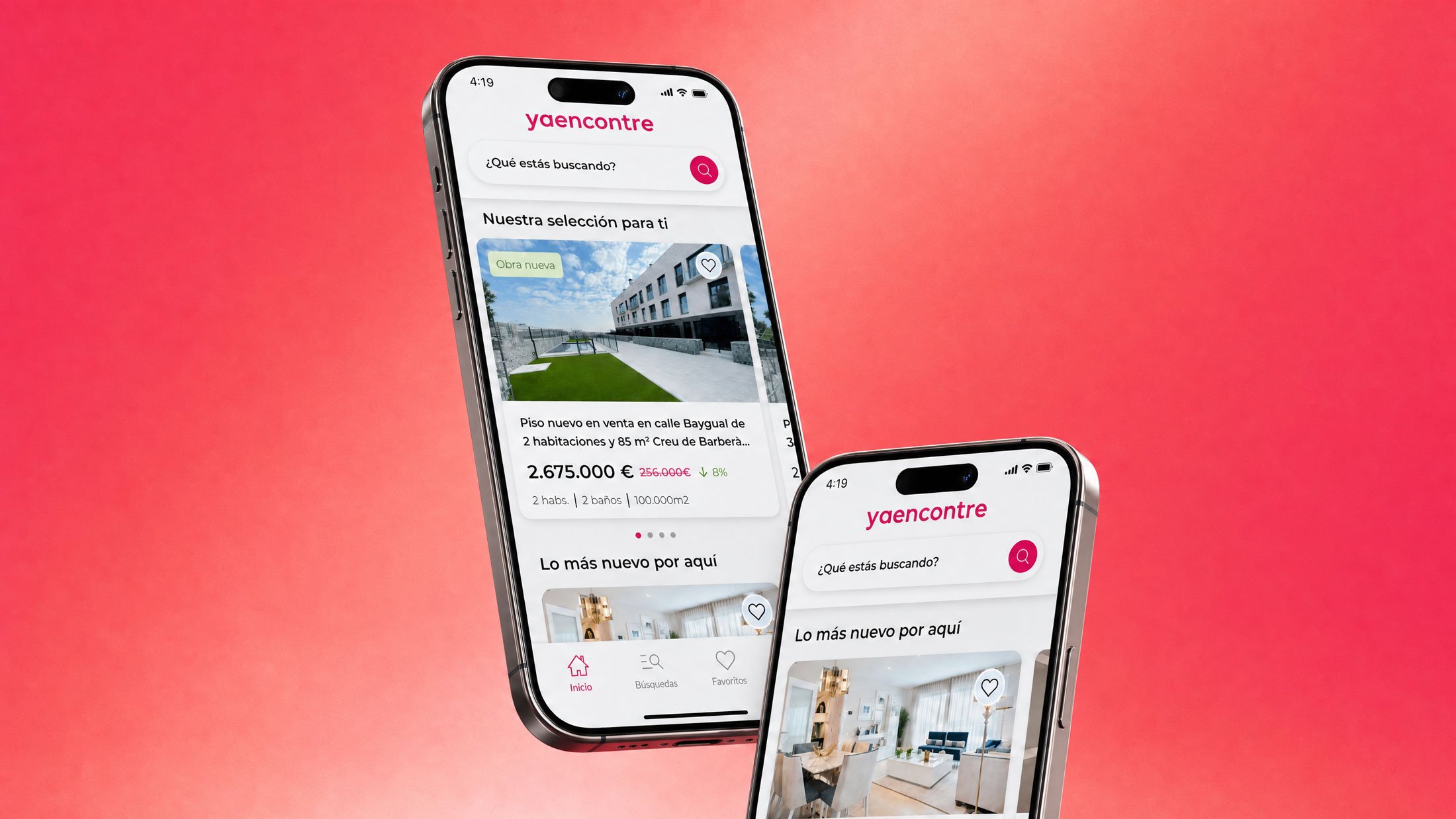 Pantalla de una aplicación de búsqueda de propiedades en línea, con listados de apartamentos en venta que incluyen fotos, precios, y detalles como número de habitaciones y baños.