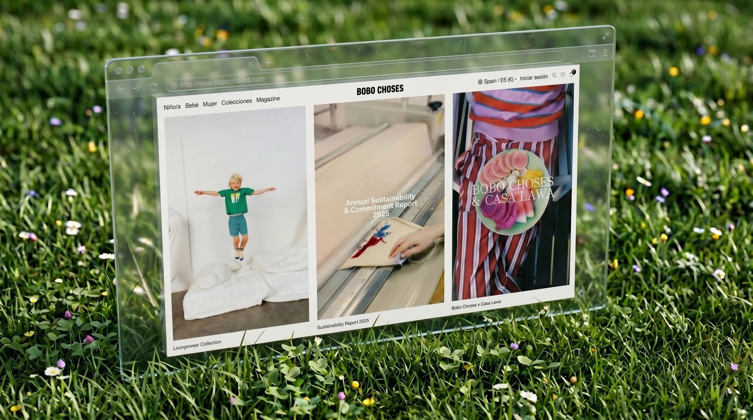 Maqueta de navegador web transparente sobre césped mostrando la página de Bobo Choses con colecciones infantiles, reporte de sostenibilidad y contenido editorial.