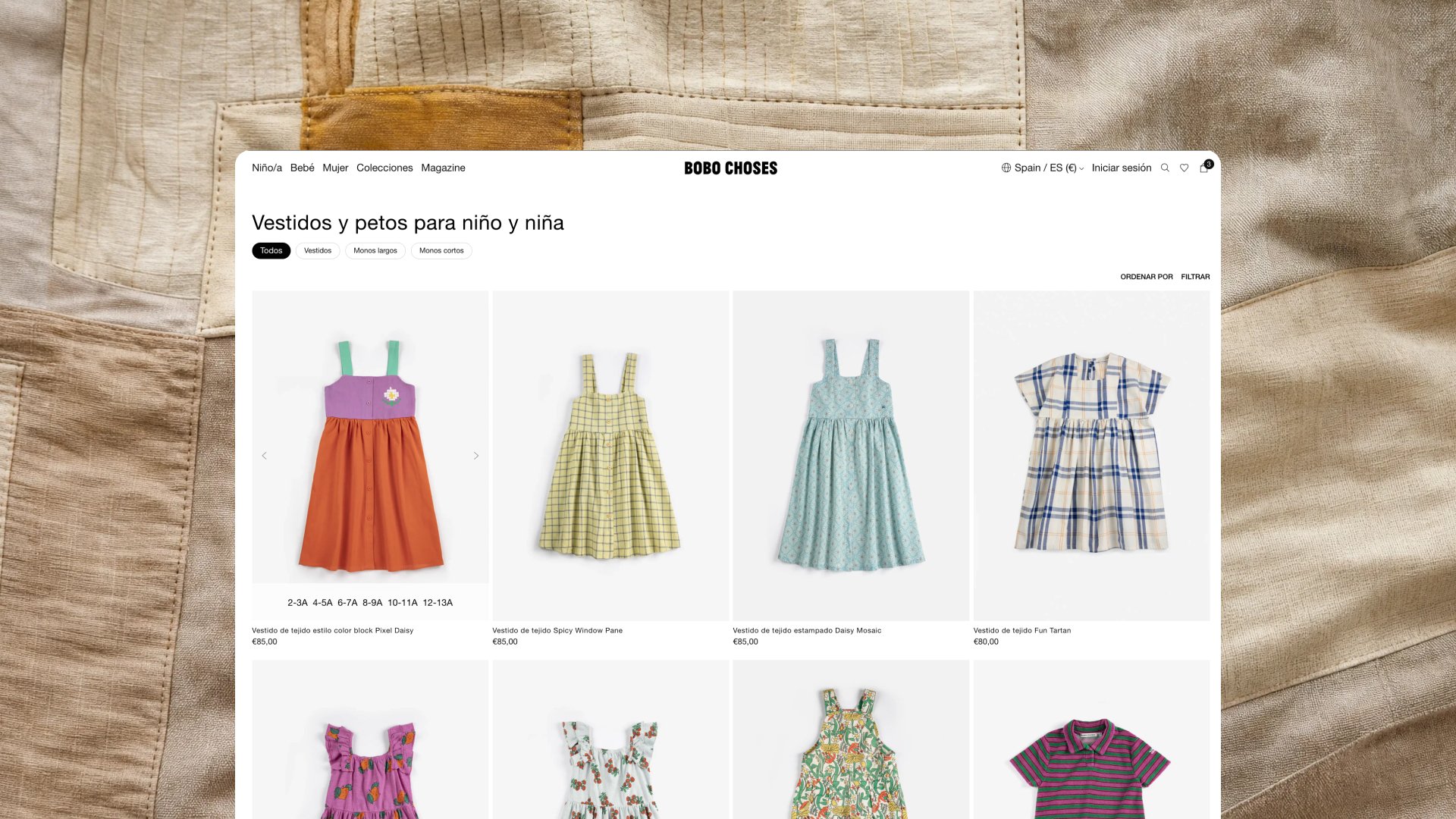 Diseño ecommerce de Bobo Choses con catálogo visual, navegación por categorías y experiencia de compra centrada en producto y exploración fluida.