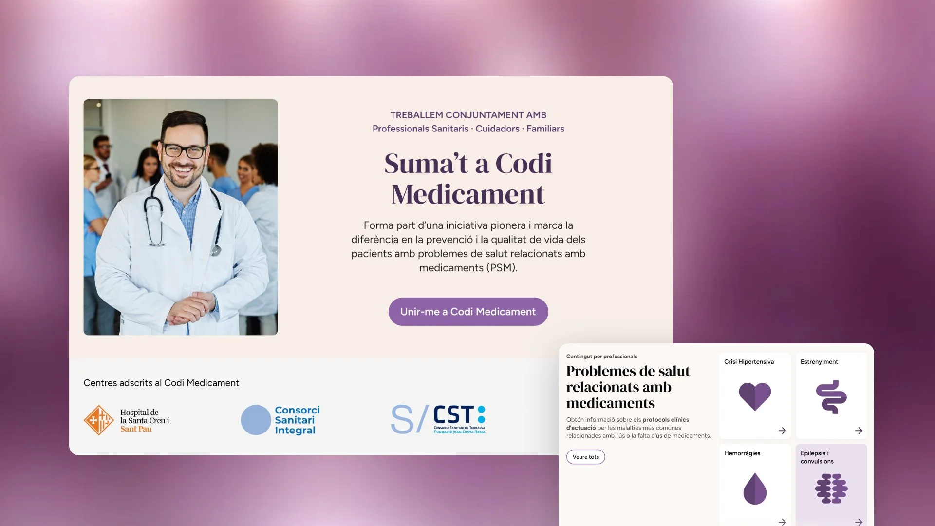 Página promocional de Codi Medicament con médico sonriente, invitación a unirse al programa y acceso a contenidos sobre problemas de salud relacionados con medicamentos.