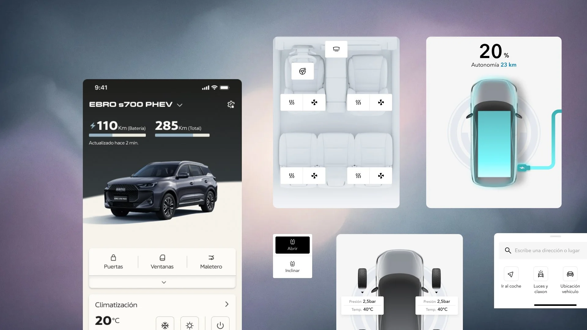Collage de pantallas de una app para vehículo Ebro s700 PHEV con control remoto, climatización, carga, autonomía, neumáticos y funciones del coche.