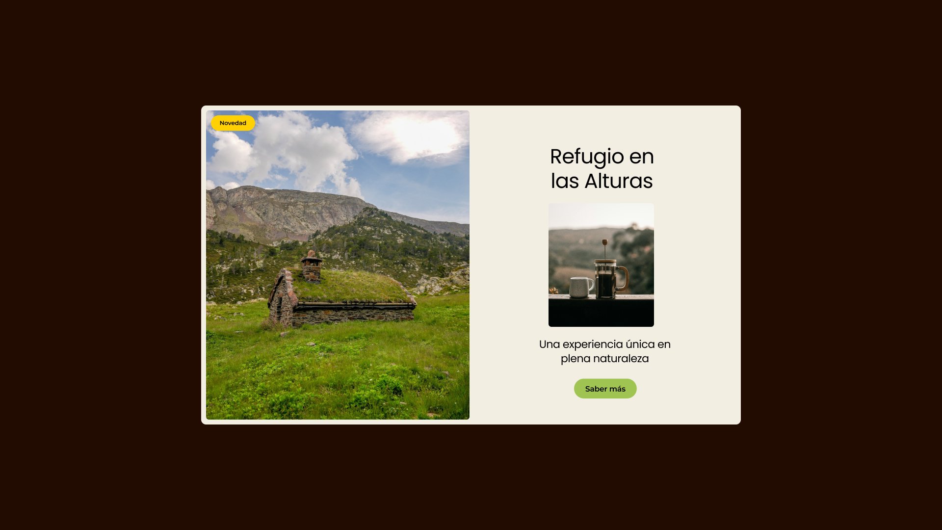 Tarjeta promocional con una cabaña de montaña rodeada de naturaleza y una invitación a descubrir una experiencia en plena naturaleza.