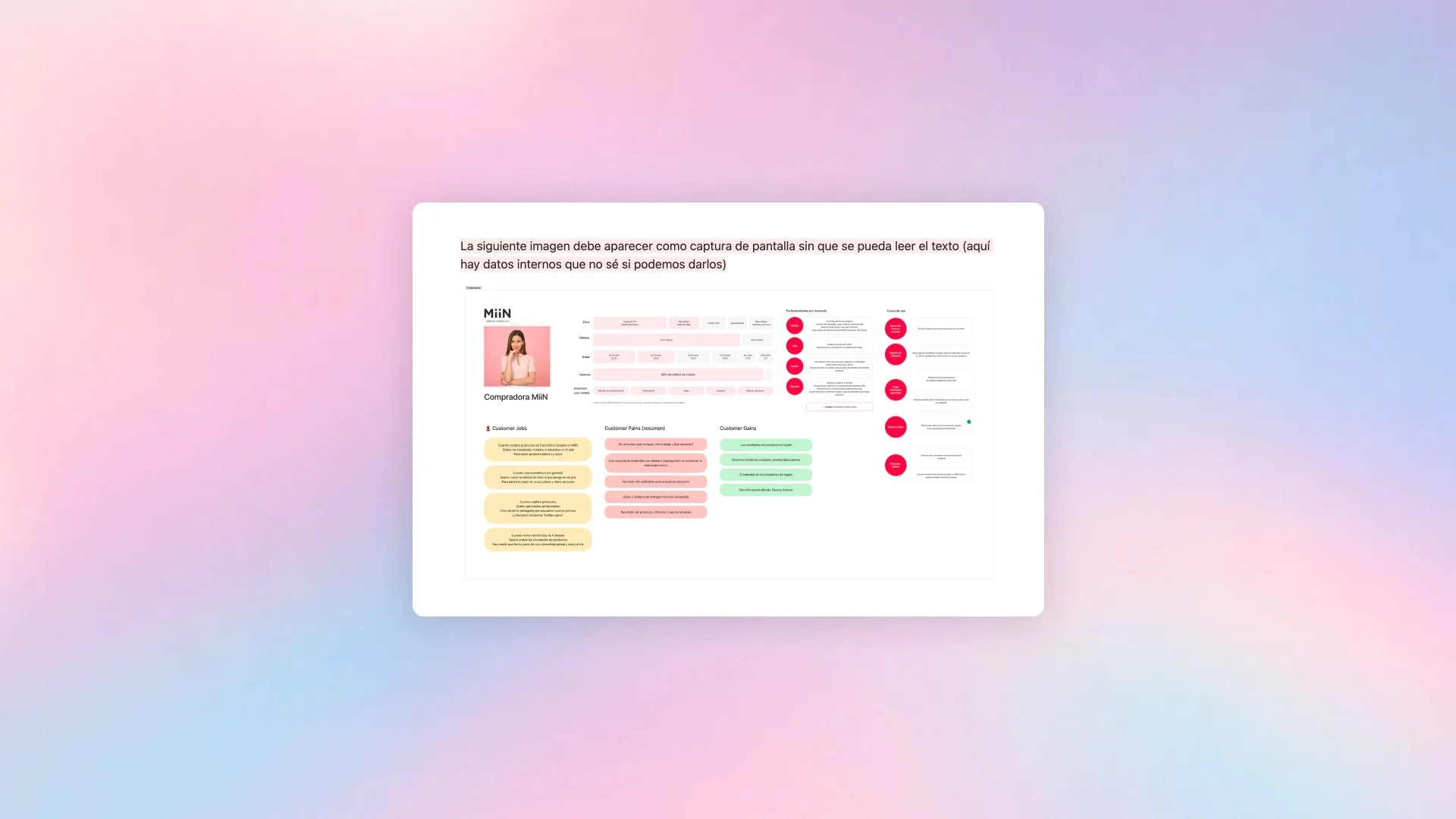 Captura de tablero estratégico de Miin con mapa de cliente, notas y diagramas de análisis de experiencia de usuario sobre fondo degradado rosa y azul.