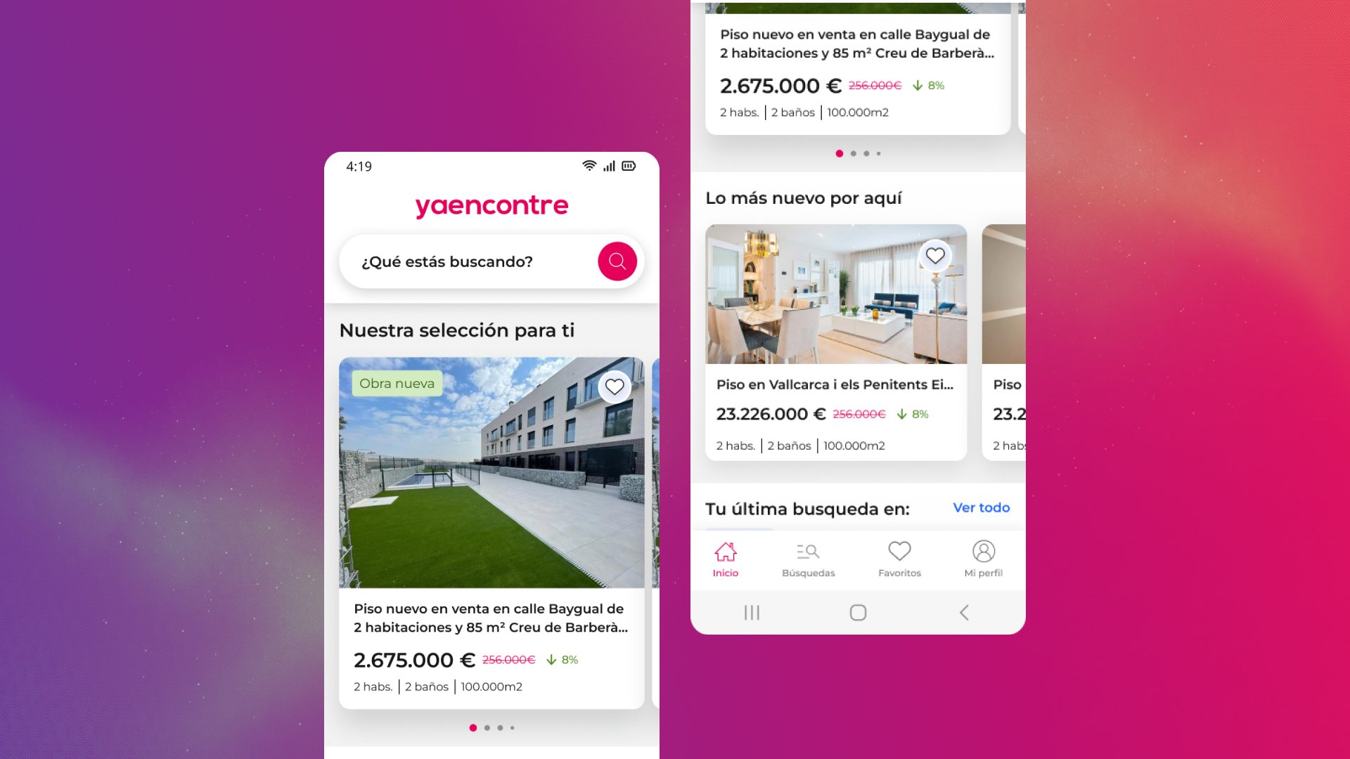 Pantalla de aplicación móvil inmobiliaria con buscador y listado de pisos en venta, mostrando imágenes, precios, descuentos y navegación inferior sobre fondo degradado rosa y violeta.