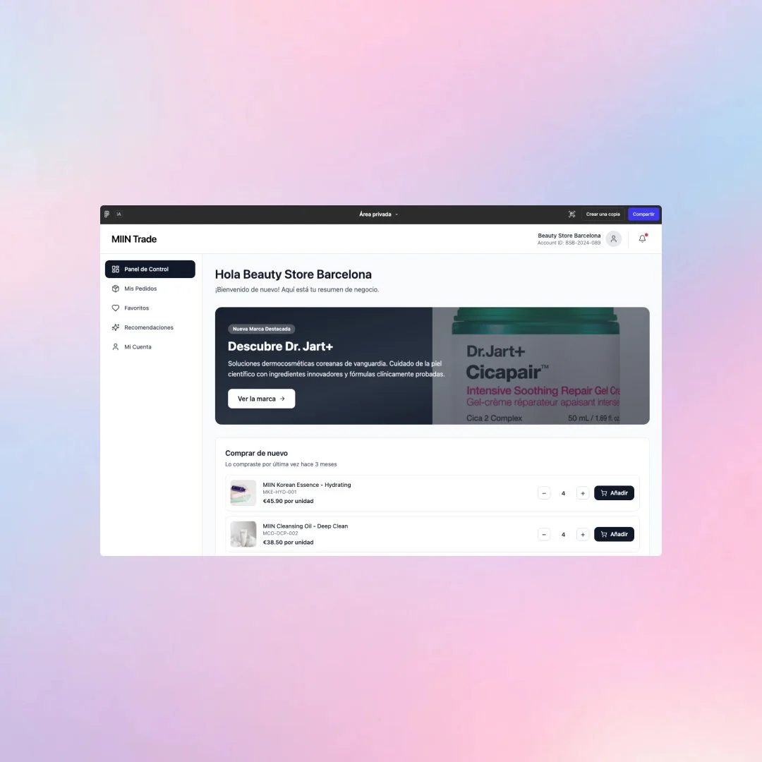 Panel de control para clientes B2B con acceso a pedidos, recomendaciones, cuenta de usuario y productos destacados.