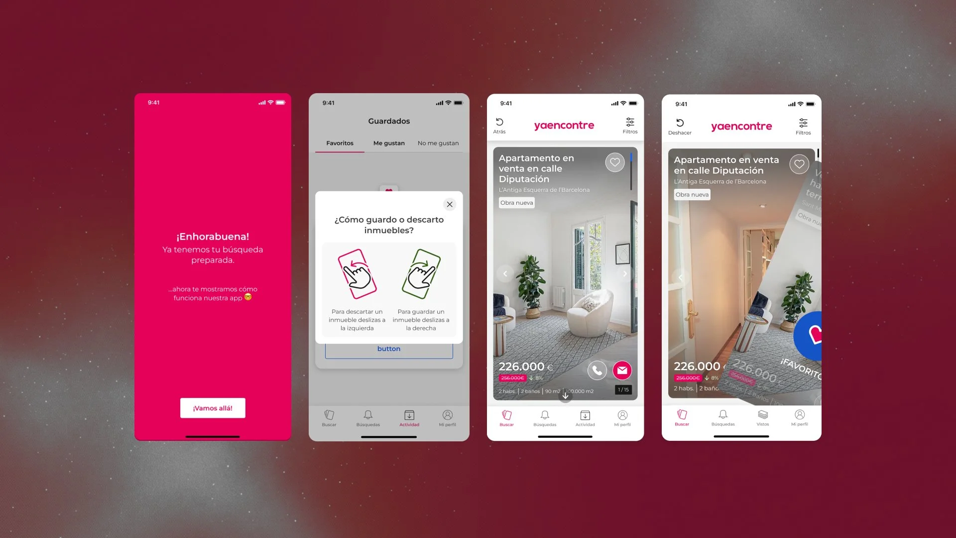 Secuencia de pantallas de la app Yaencontre que muestra bienvenida, tutorial para guardar o descartar inmuebles y navegación por fichas de viviendas con interacción tipo swipe.
