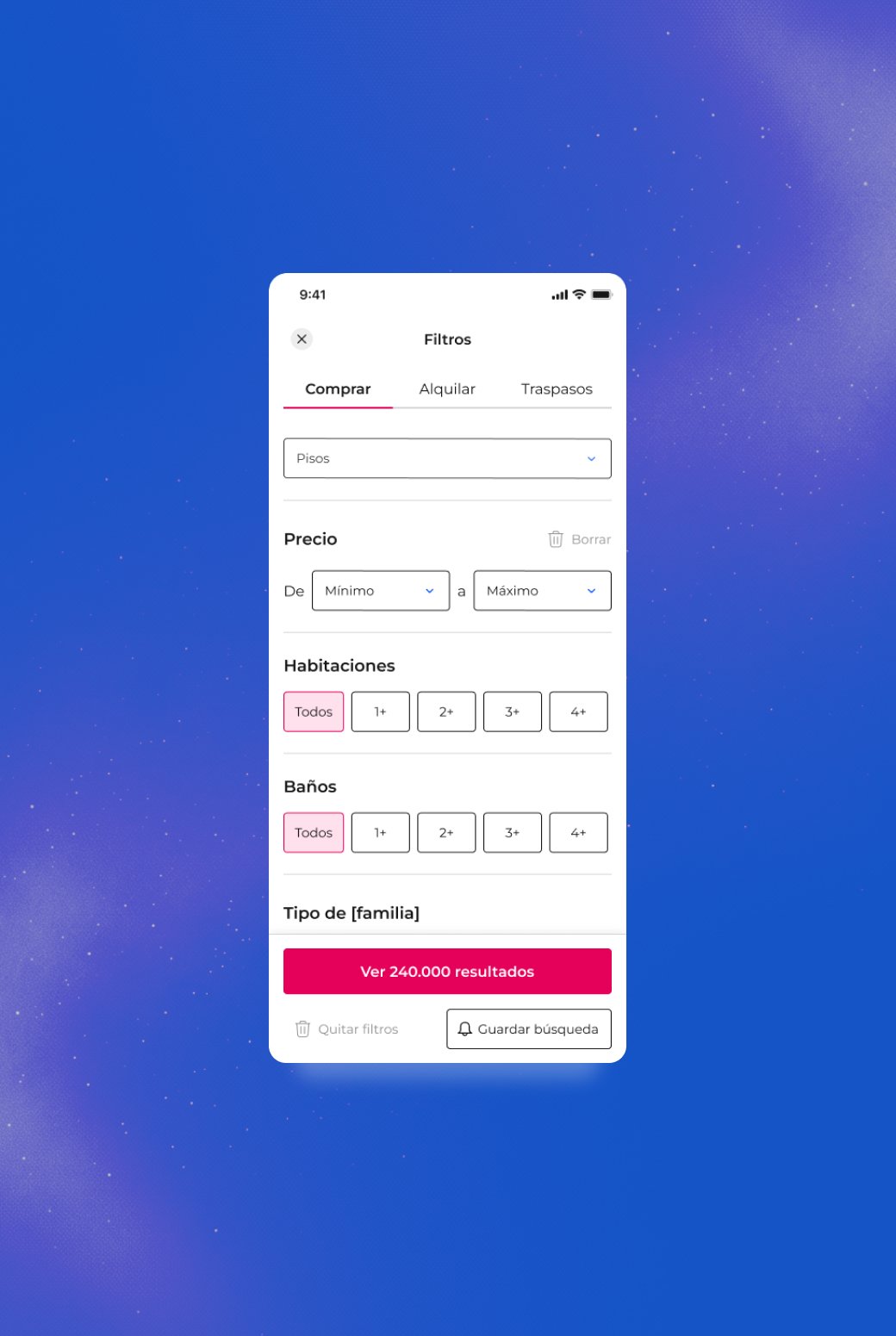 Pantalla móvil de filtros para búsqueda de yaencontre con opciones de compra o alquiler, precio, habitaciones, baños y botón para ver resultados o guardar búsqueda.