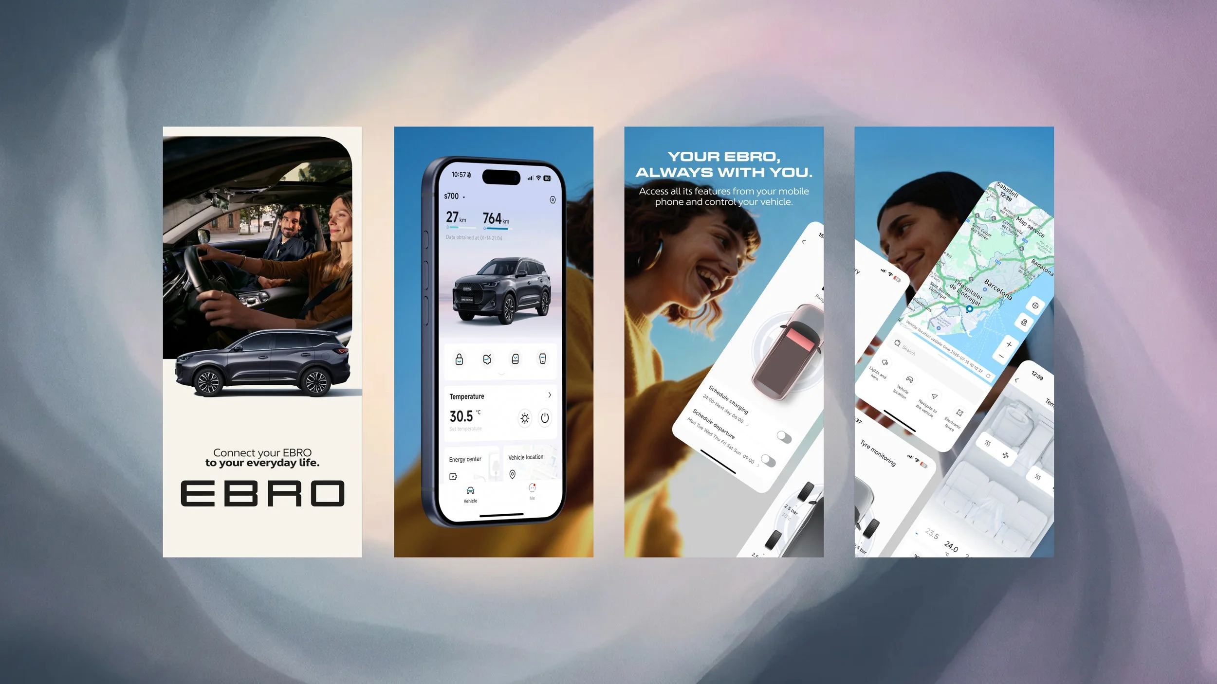 Cuatro piezas promocionales de la app Ebro muestran coche, smartphone con control remoto del vehículo, funciones conectadas y mapas de navegación.