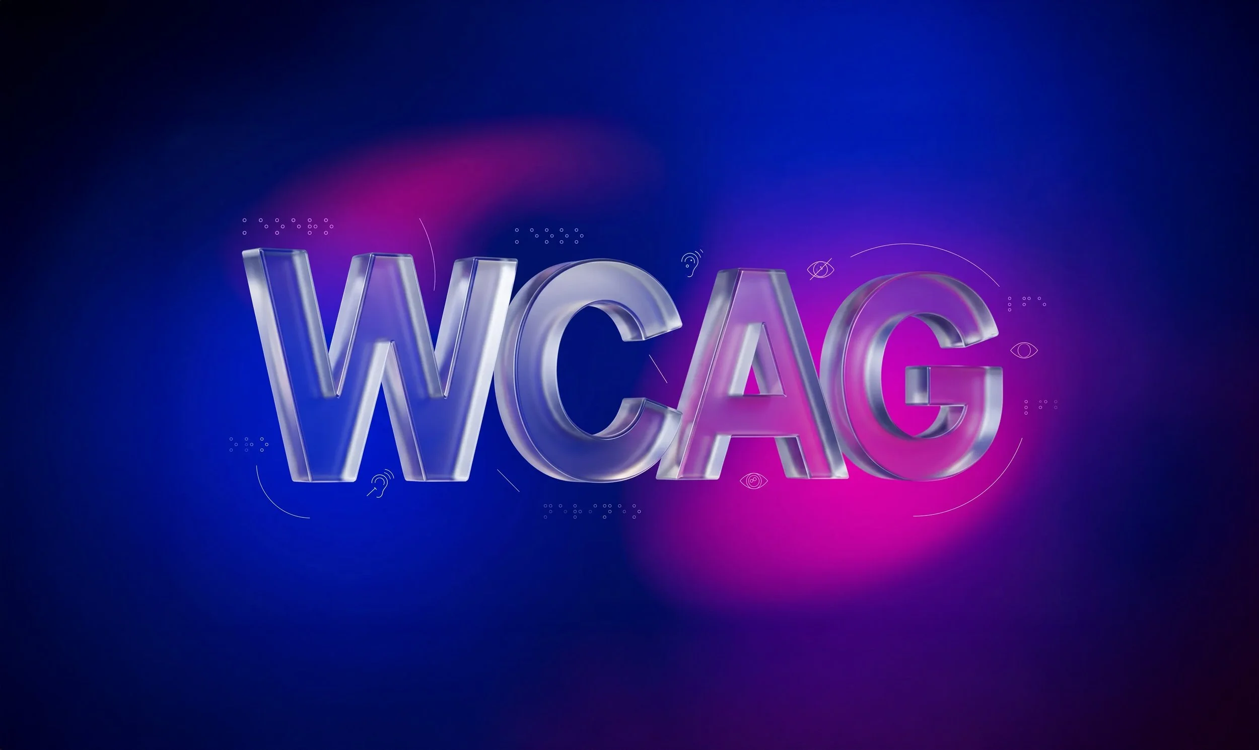 Texto “WCAG” en letras grandes con efecto tridimensional y acabado translúcido sobre fondo degradado azul y magenta, rodeado de iconos de accesibilidad como ojo y oído.