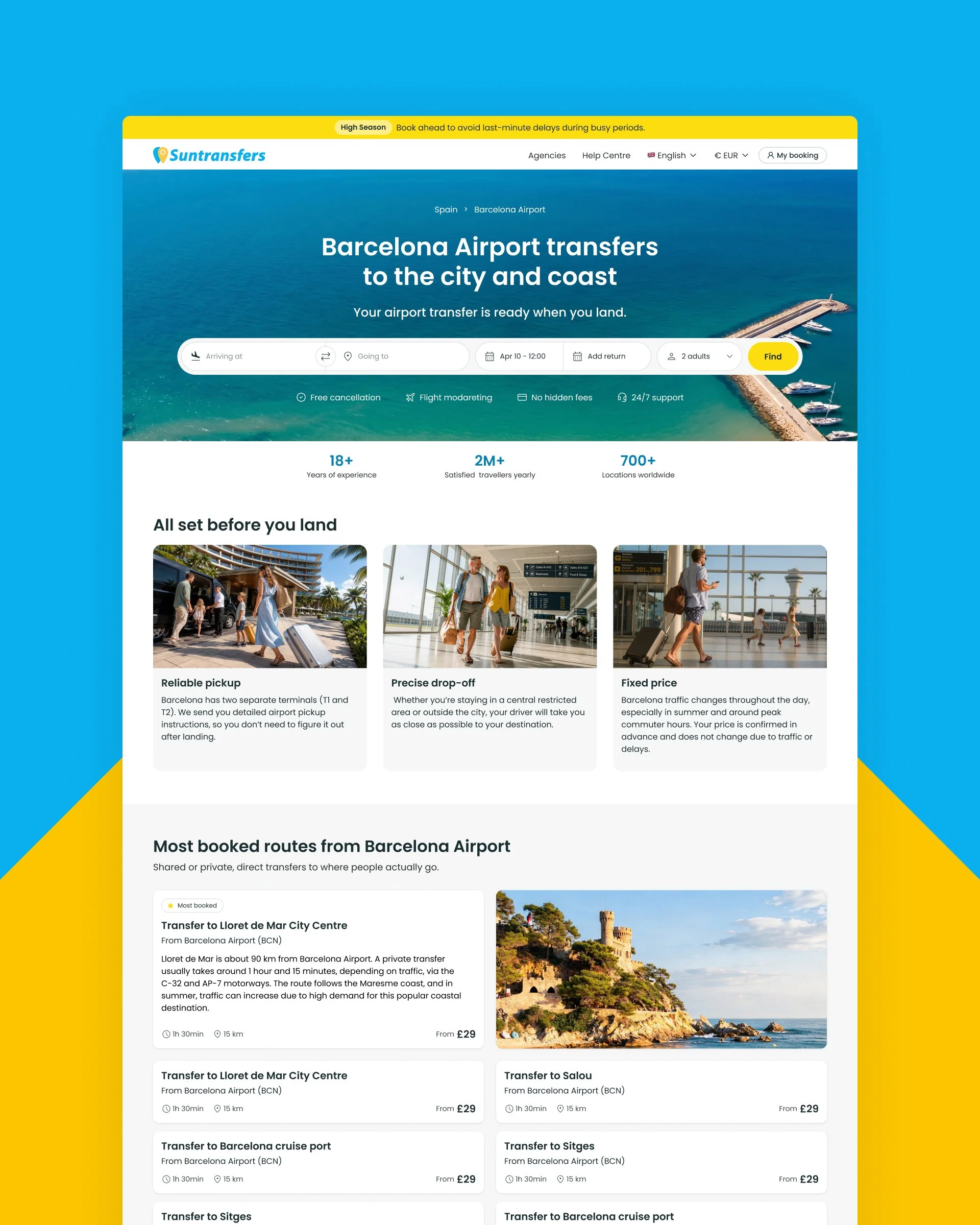 Página web de reservas de traslados con buscador, información de rutas y destinos desde el aeropuerto de Barcelona.
