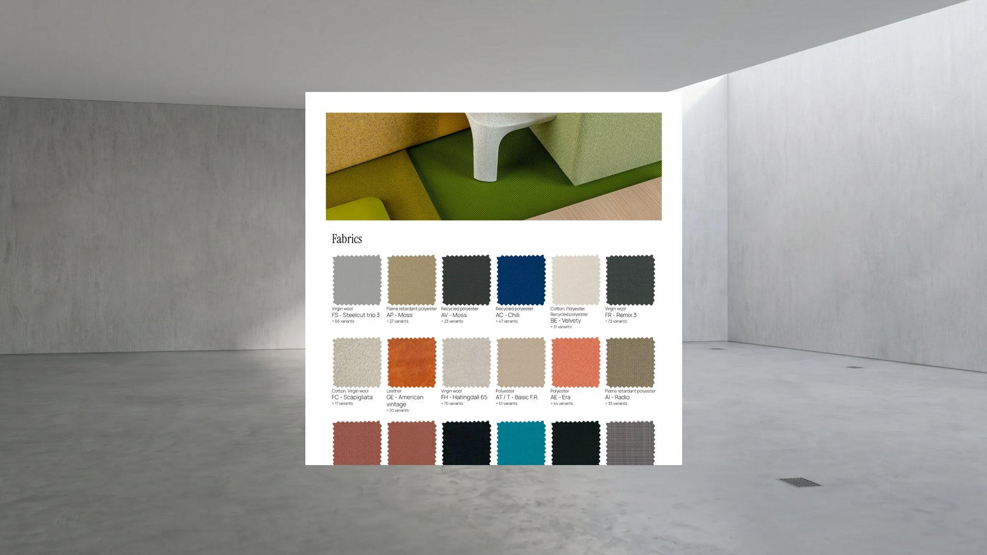Muestrario digital de tejidos para mobiliario con diferentes colores y materiales, presentado sobre fondo de sala minimalista de hormigón.