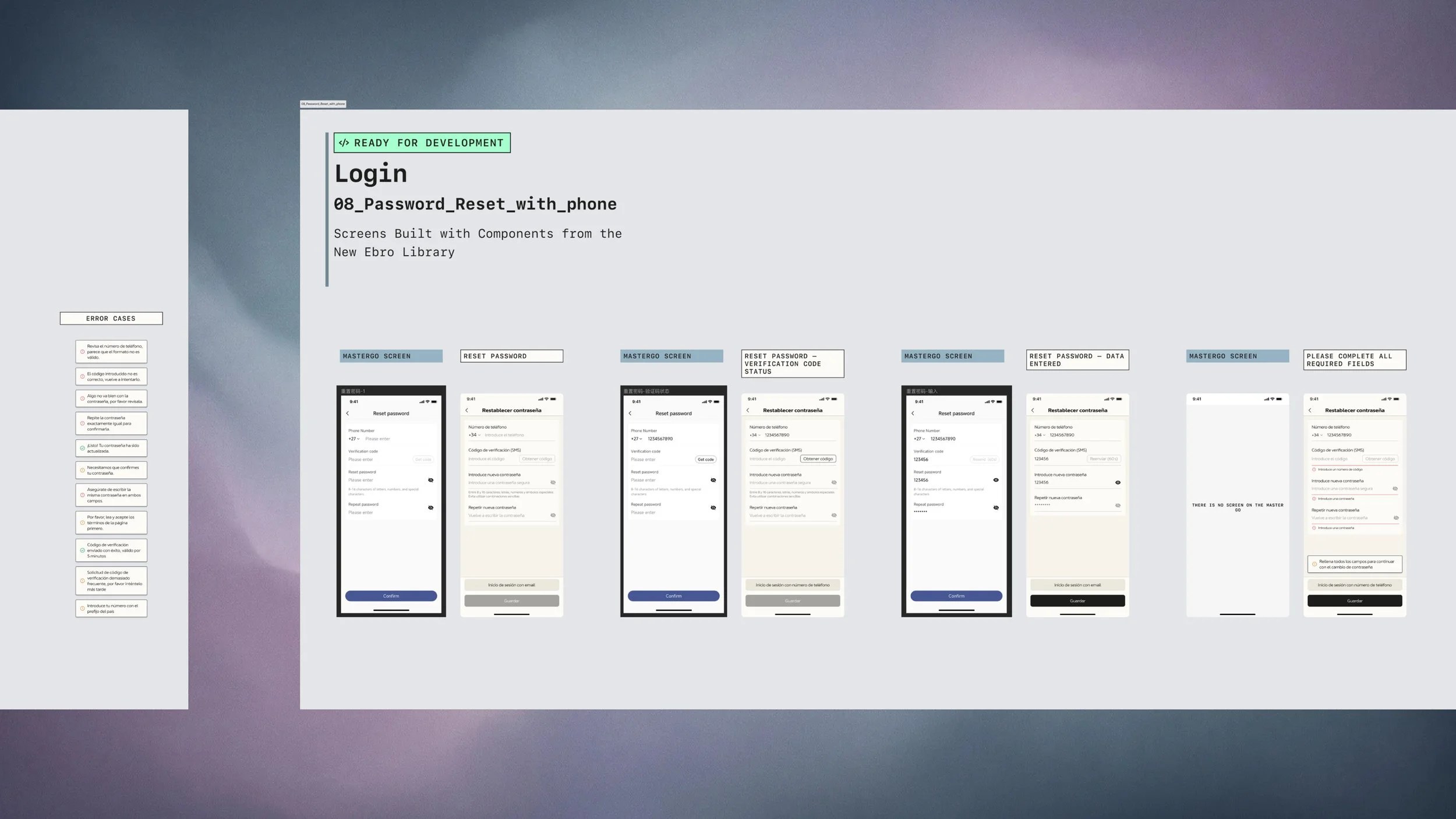Panel de diseño UI para app móvil con flujo de restablecimiento de contraseña, mostrando varias pantallas de login, validación por código y casos de error.