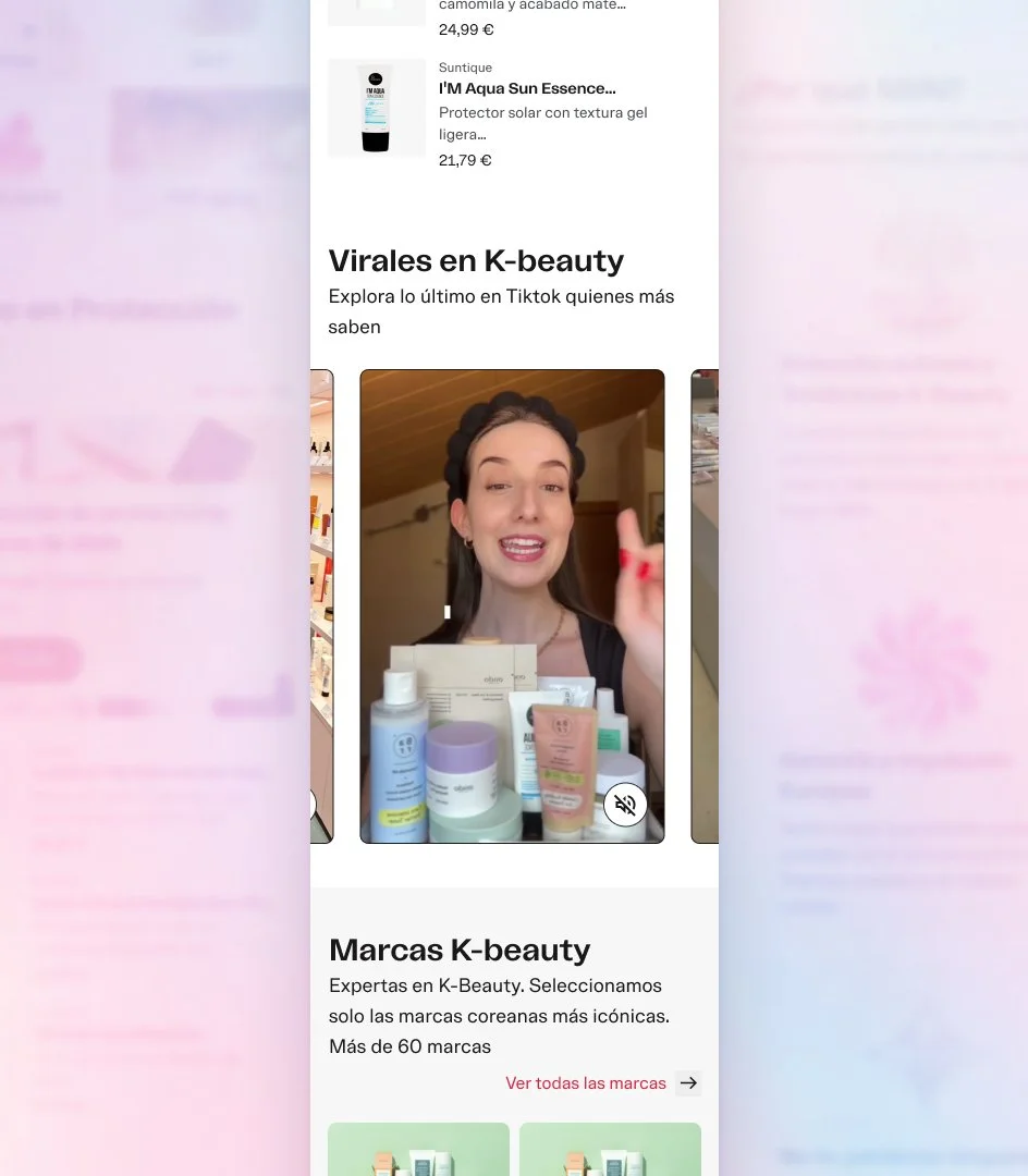 Pantalla móvil de tienda Miin con sección de tendencias virales en K-beauty, video promocional de influencer y acceso a marcas de cosmética coreana.