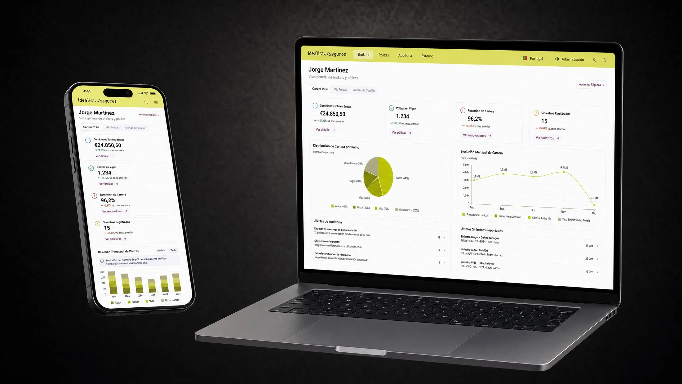 Meta description Diseño de dashboard responsive para gestión de seguros, con visualización de métricas, seguimiento de pólizas, alertas operativas y experiencia optimizada para desktop y móvil.