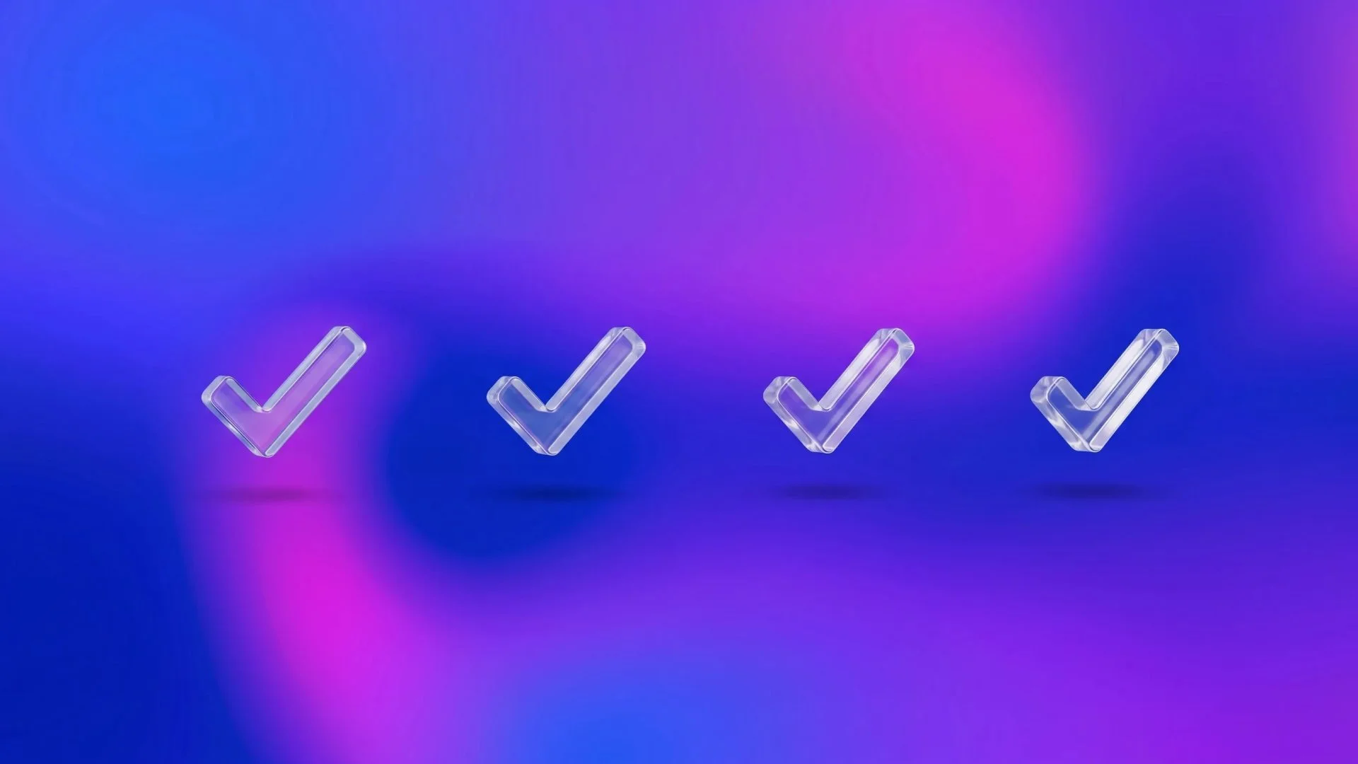 Cuatro iconos de verificación translúcidos alineados horizontalmente sobre fondo degradado azul, violeta y magenta con efecto luminoso.