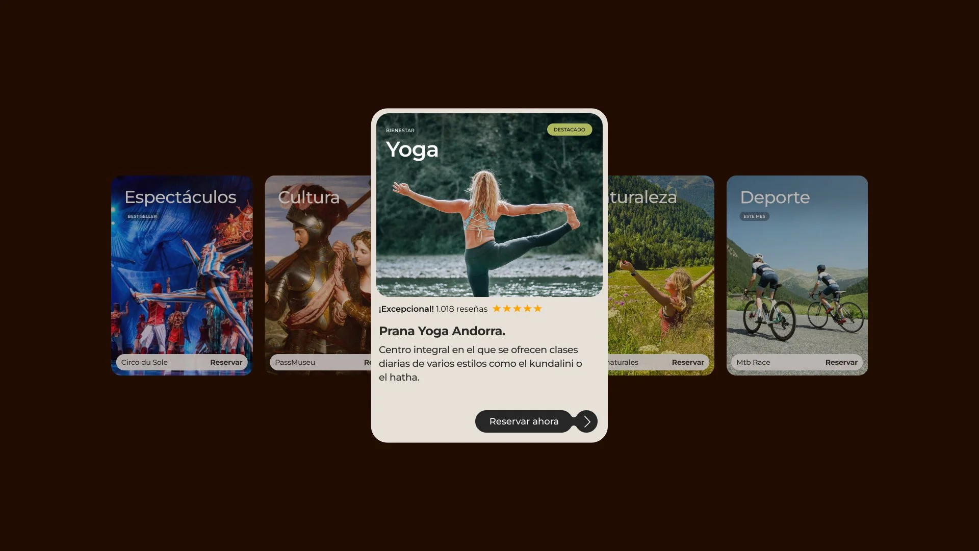 Tarjetas de actividades turísticas destacadas para bienestar, cultura, naturaleza y deporte, con una tarjeta de yoga ampliada en primer plano.