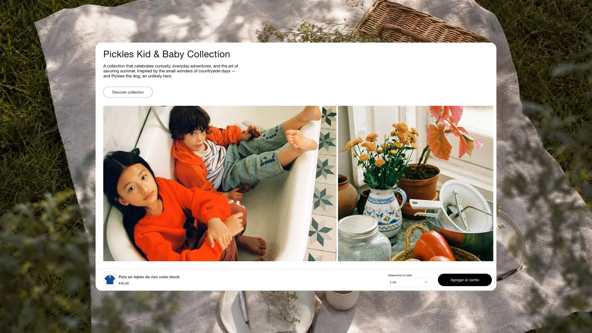 Experiencia ecommerce editorial para colección infantil, combinando fotografía lifestyle, navegación visual y compra integrada en una interfaz minimalista.