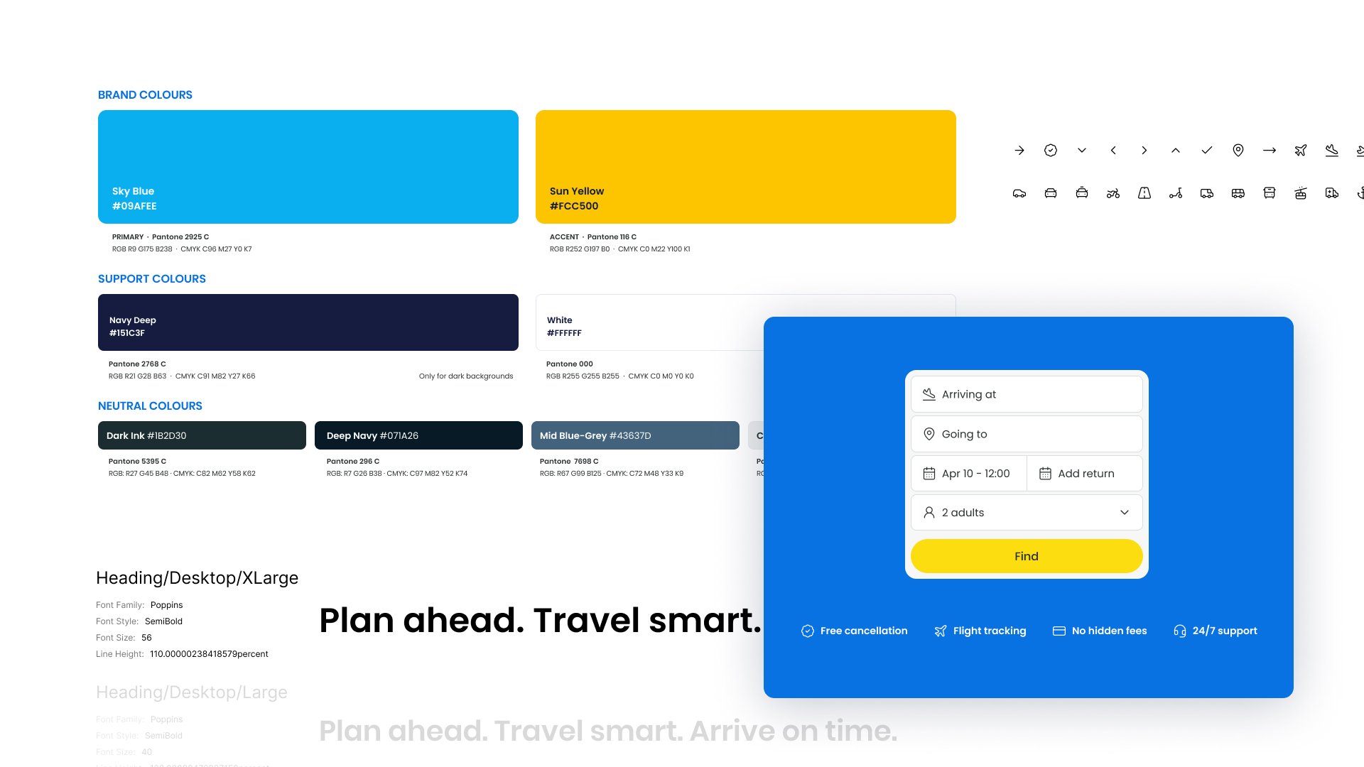Guía de estilo con paleta de colores, tipografía, iconografía y componentes de interfaz para una plataforma de reservas y transporte.