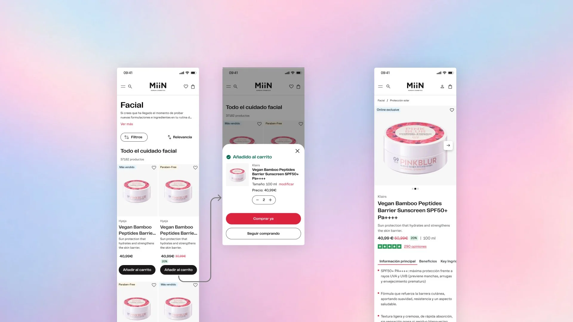 Tres pantallas de app Miin muestran listado de productos faciales, confirmación de artículo añadido al carrito y ficha de protector solar con precio y valoraciones.