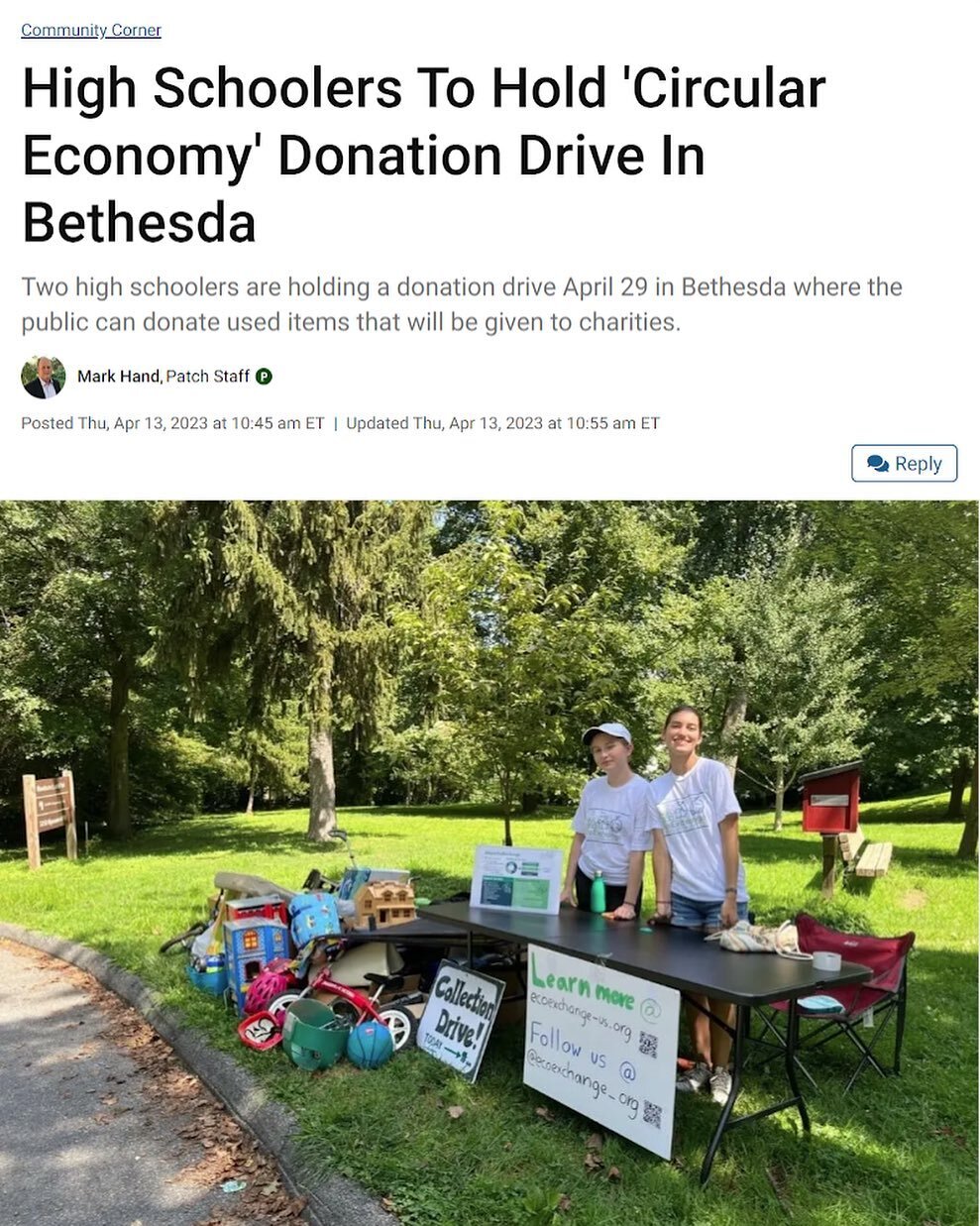 EcoExchange was recently featured in an article by Patch! 😊 Check it out! ➡️ https://patch.com/maryland/bethesda-chevychase/high-schoolers-hold-circular-economy-donation-drive-bethesda