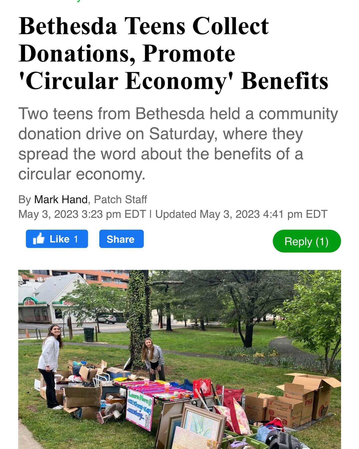 Wow! Thanks to Patch for an amazing follow-up article on EcoExchange! 😁 Read here: https://patch.com/maryland/bethesda-chevychase/amp/31358932/bethesda-teens-collect-donations-promote-circular-economy-benefits