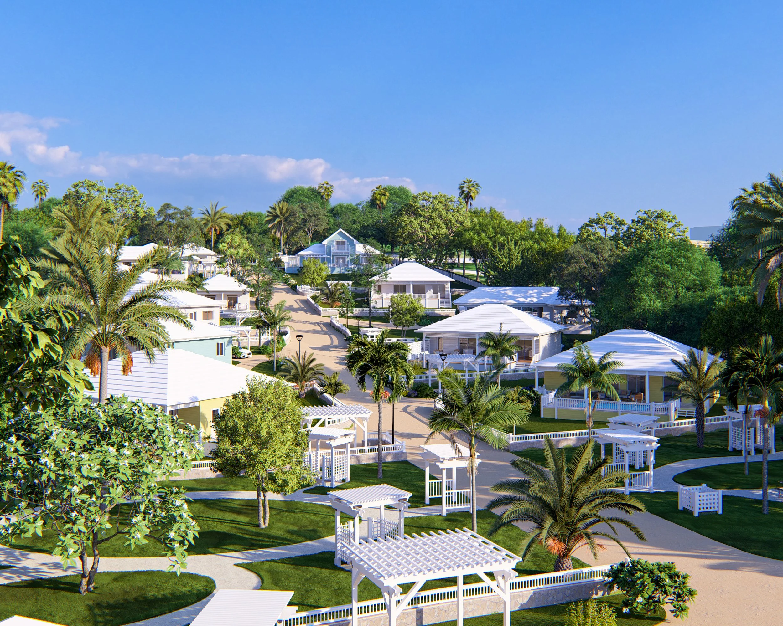 Turtle Bay Eleuthera Bahamas homes and building lots for sale. A sunny neighborhood with white houses, lush green trees, and palm trees, set on a hill with winding pathways.