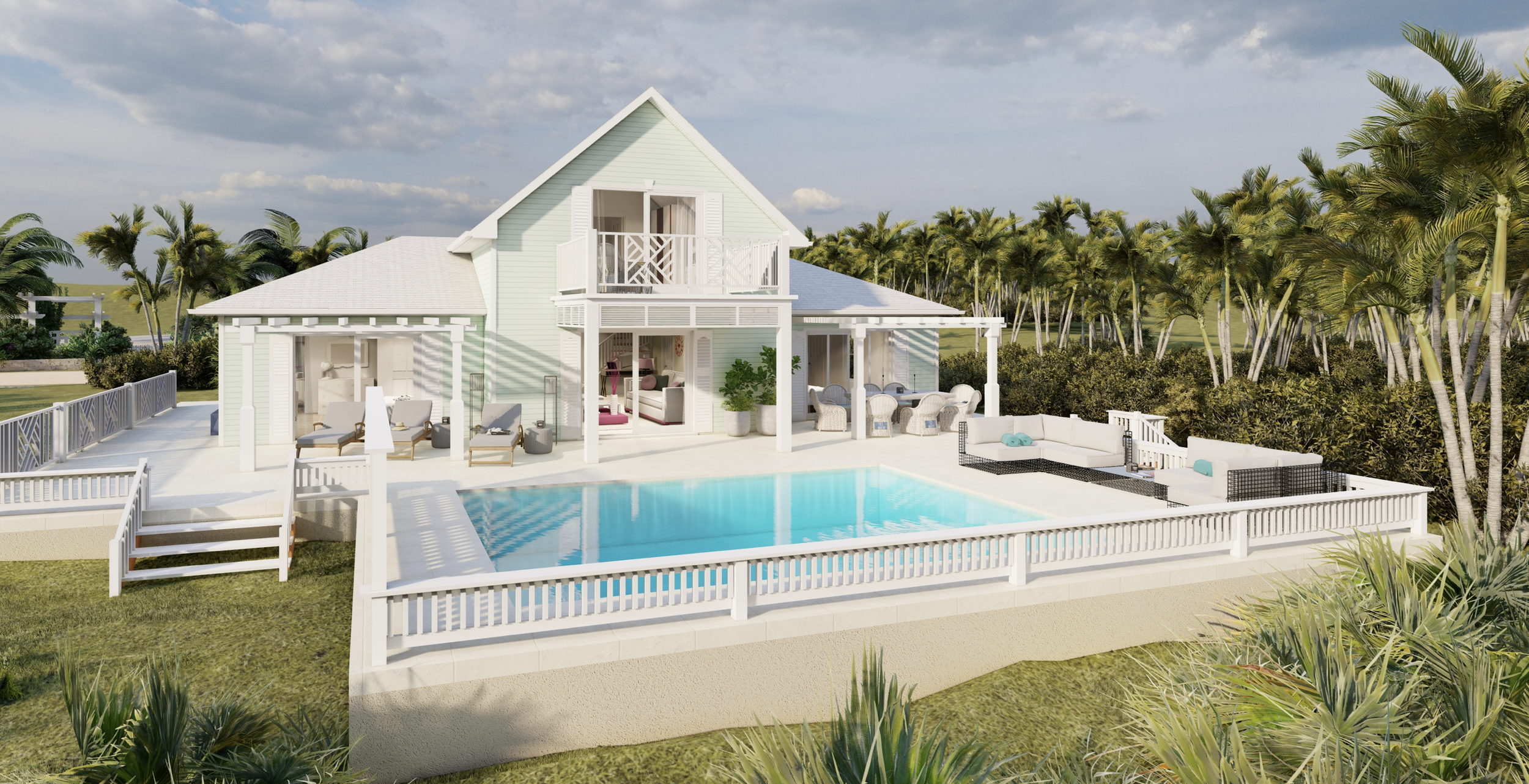 Turtle Bay Eleuthera Bahamas homes and building lots for sale. A modern house with a swimming pool in the backyard, surrounded by tropical palm trees and outdoor furniture including loungers and seating areas.