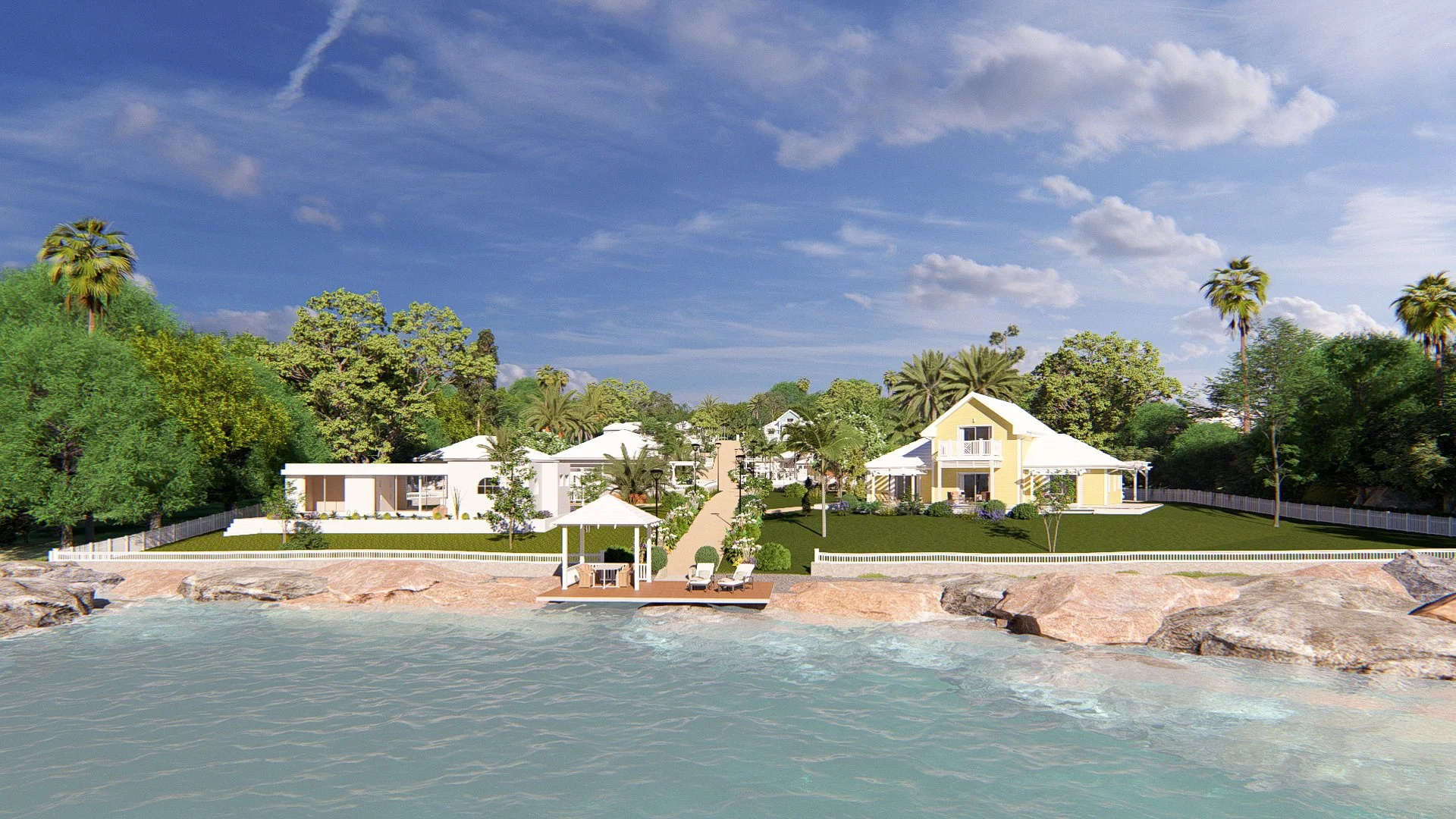 Turtle Bay Eleuthera Bahamas homes and building lots for sale. Waterfront house with a dock, seating area, and lounge chairs, overlooking the ocean, surrounded by lush trees, under a partly cloudy sky.