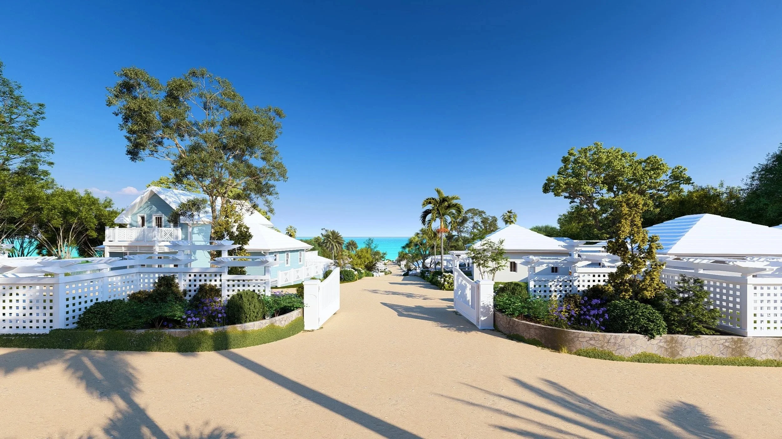 Turtle Bay Eleuthera Bahamas homes and building lots for sale with white houses, lush green trees, tropical plants, and a view of the ocean in the distance under a clear blue sky.