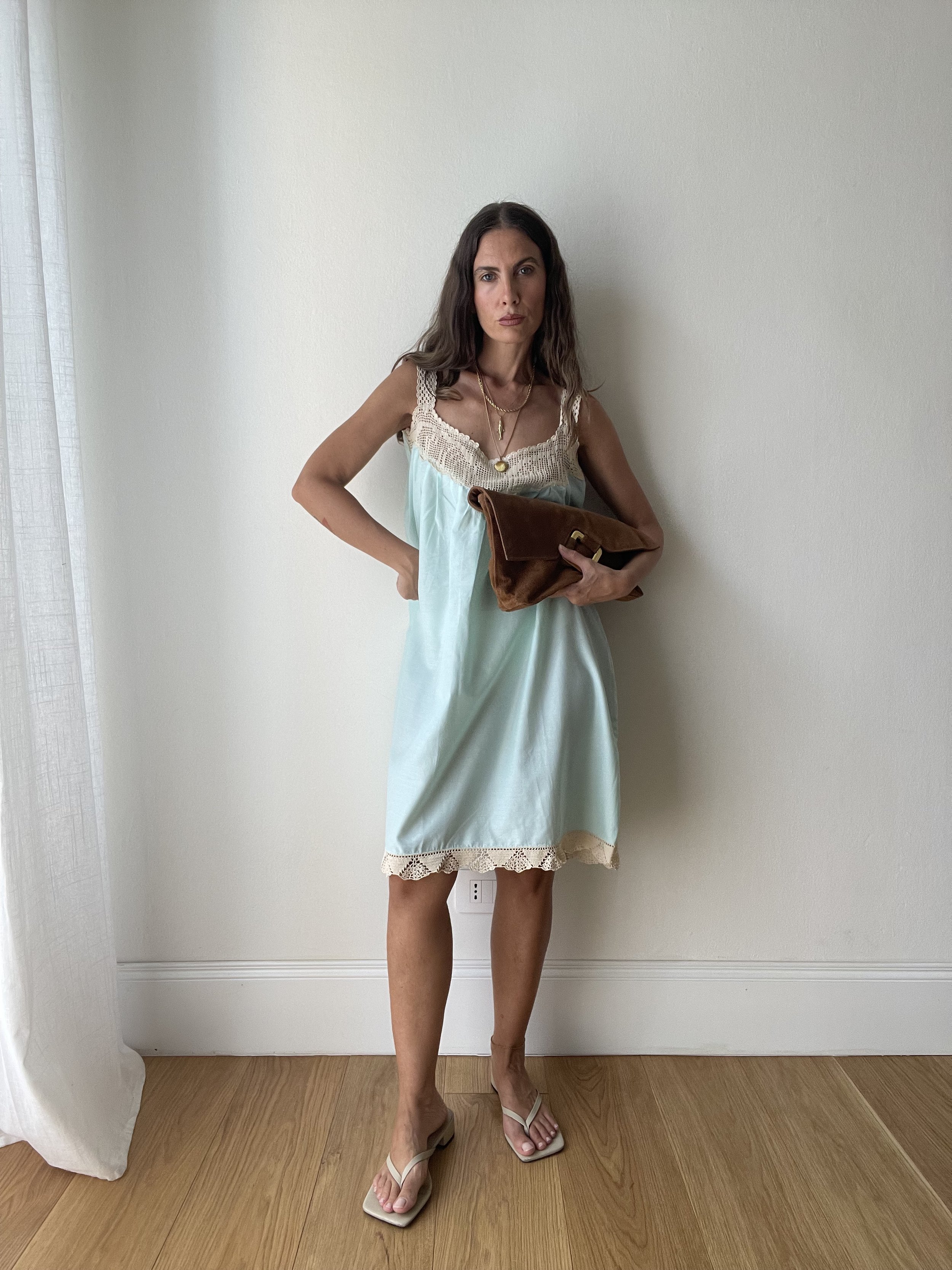 Abito sottoveste vintage antico crochet verde menta