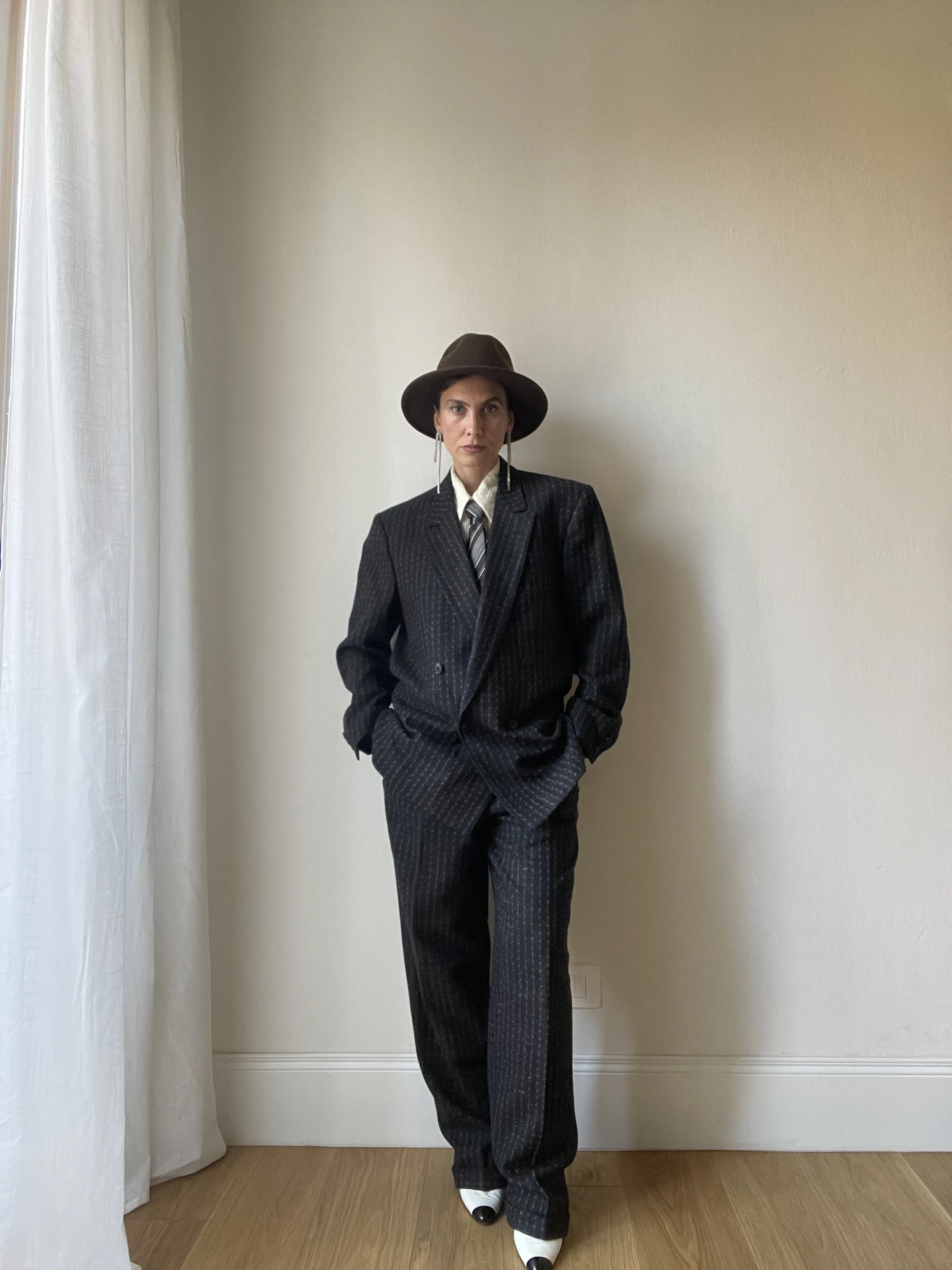 Abito tailleur vintage doppiopetto spigato nero e grigio