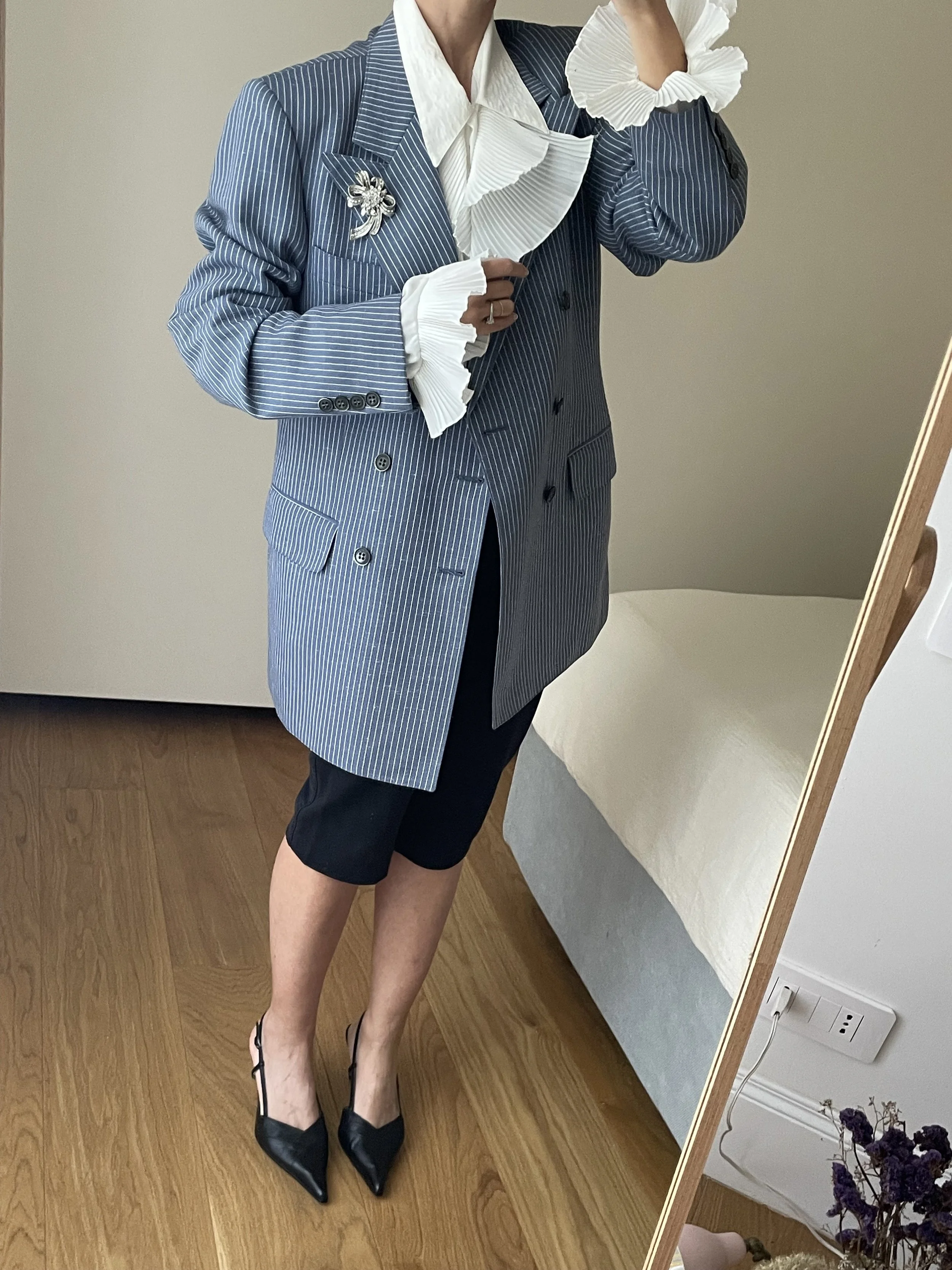 Blazer vintage doppiopetto gessato azzurro cielo