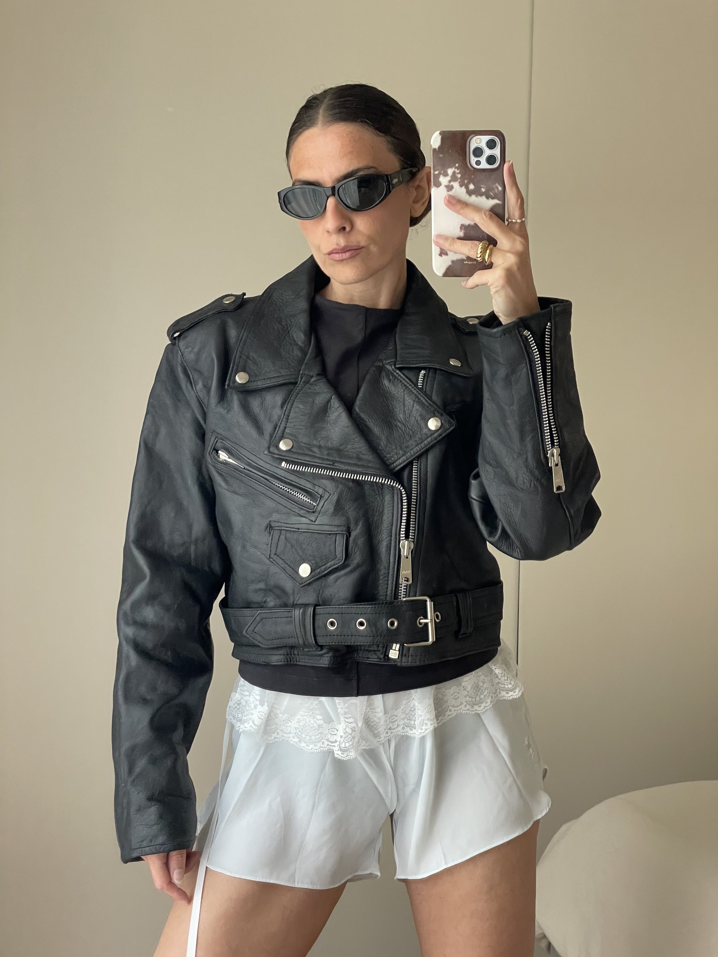 Chiodo vintage cropped in pelle cowhide nero
