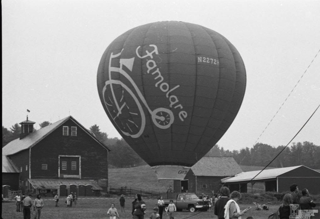 Hot air balloon rally on the Brattleboro property in 1979. Photo from the Brattleboro Historical Society.