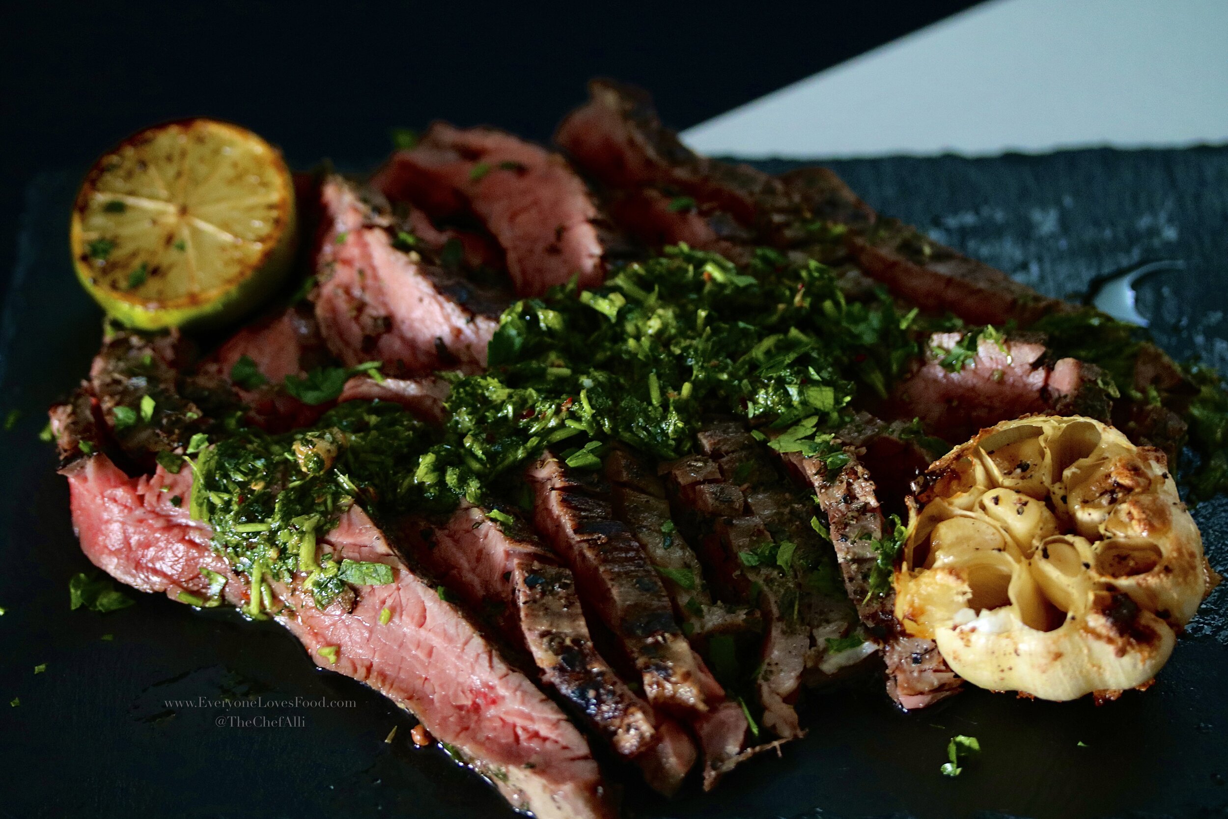 Flank Steak with Chimichurri (and Roasted Garlic)