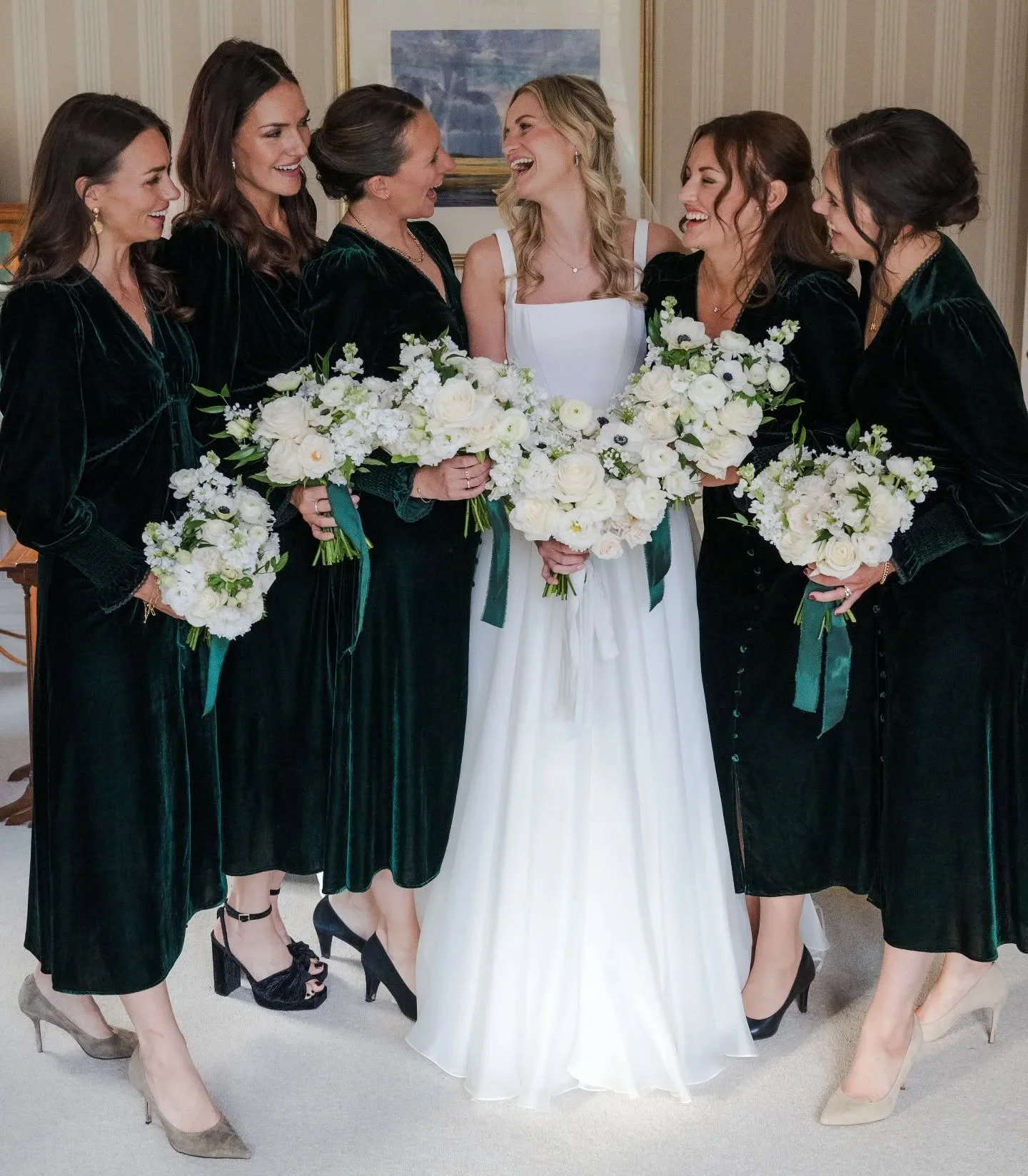 Ali &amp; her Bridesmaids all ready to head off to the church ⛪

Loved the dark green velvet dresses with the neutral blooms and the subtle hints of dark centered panda anemones! 😍🖤

Photo @fountain_photography_ 
Hair @hairby_summerlangton 
Makeup 
