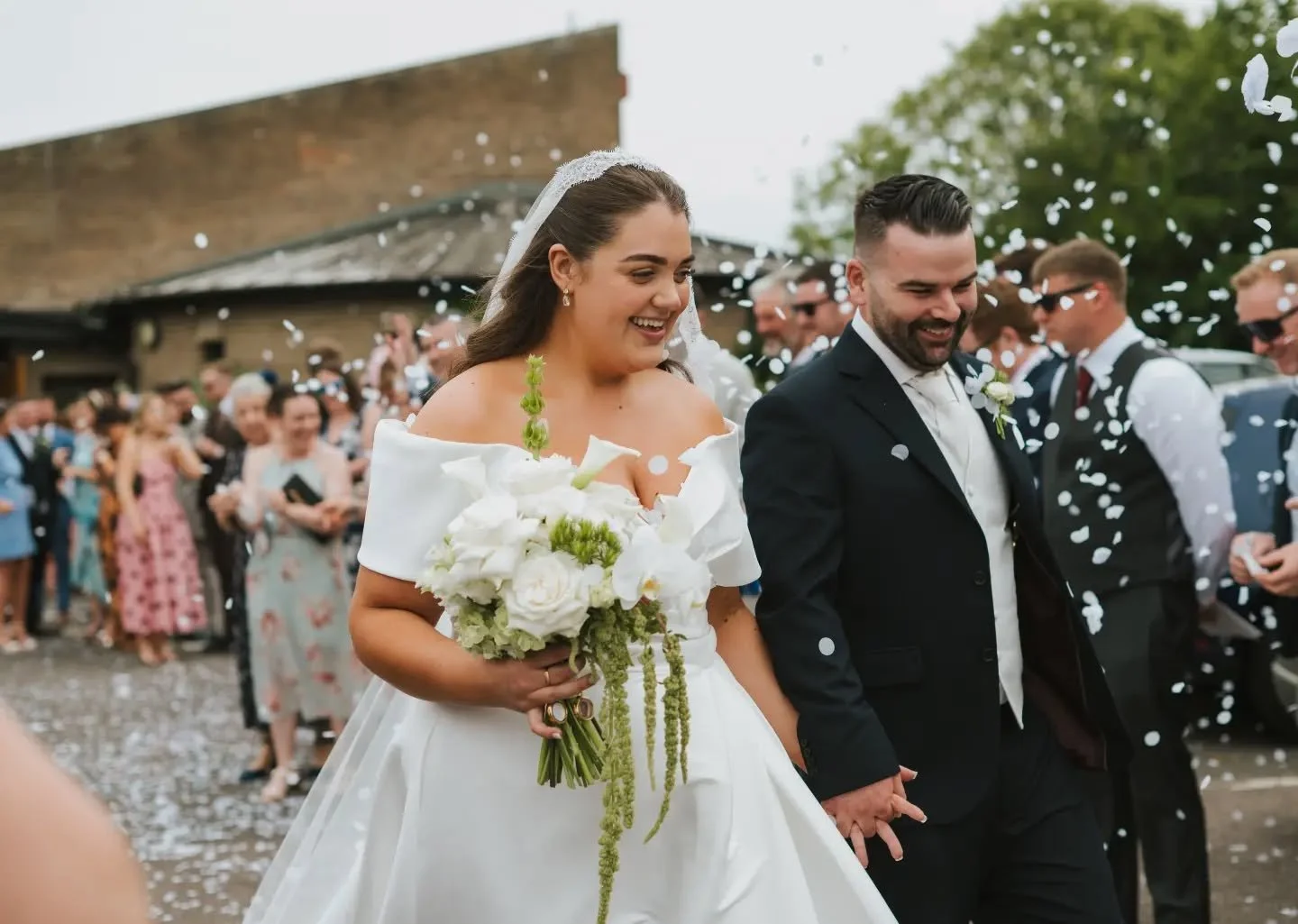 The gallery from Georgia &amp; Michael's May wedding, is a stunner! 💚🤍 I loved making this Bridal bouquet, with Callas, Hydrangeas, Roses, Orchids, Molucella &amp; trailing green amaranthus, I have been wanting to make this sort of style for a whil