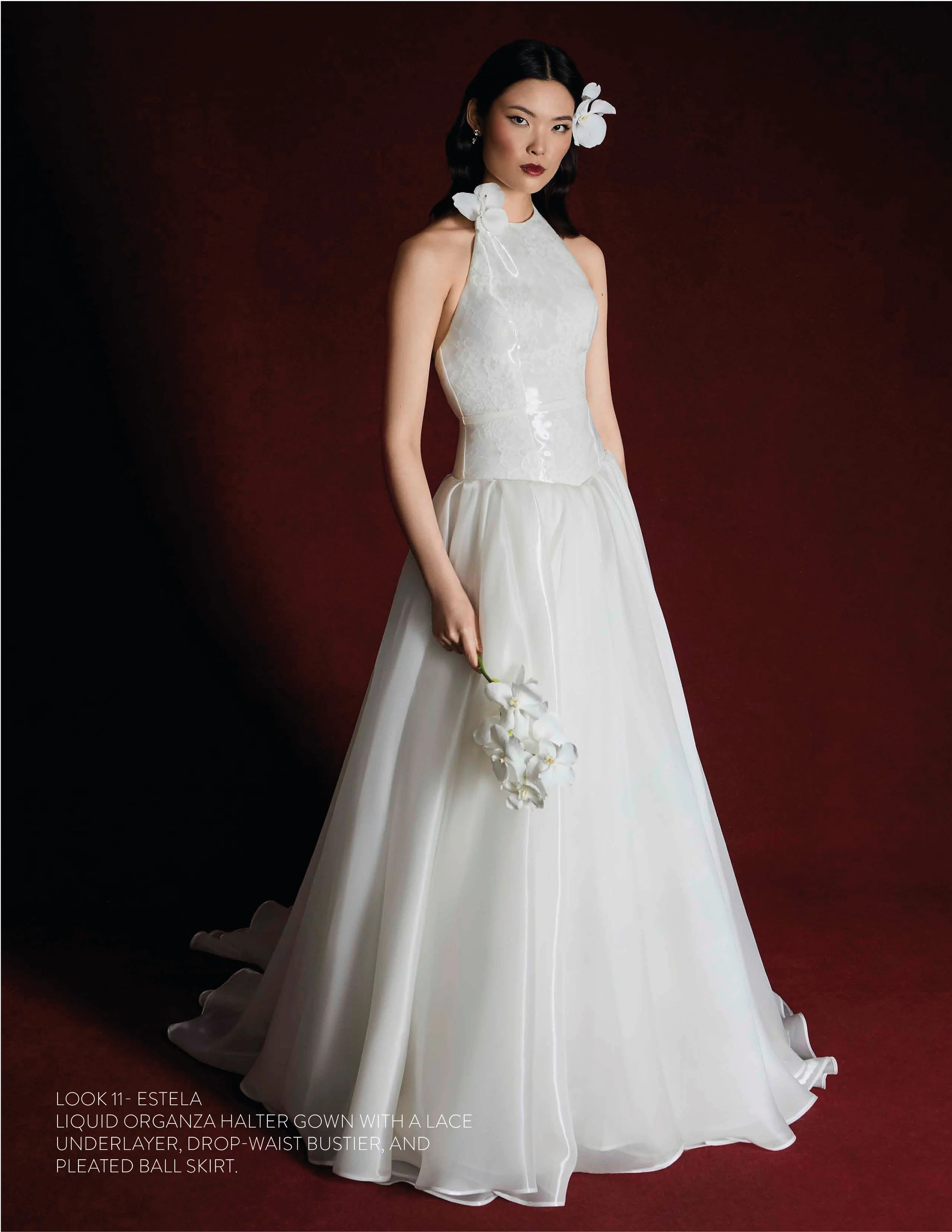 ESTELA GOWN - Liquid Organza halter gown with lace underlayer, drop waist bustier and pleated ball skirt.