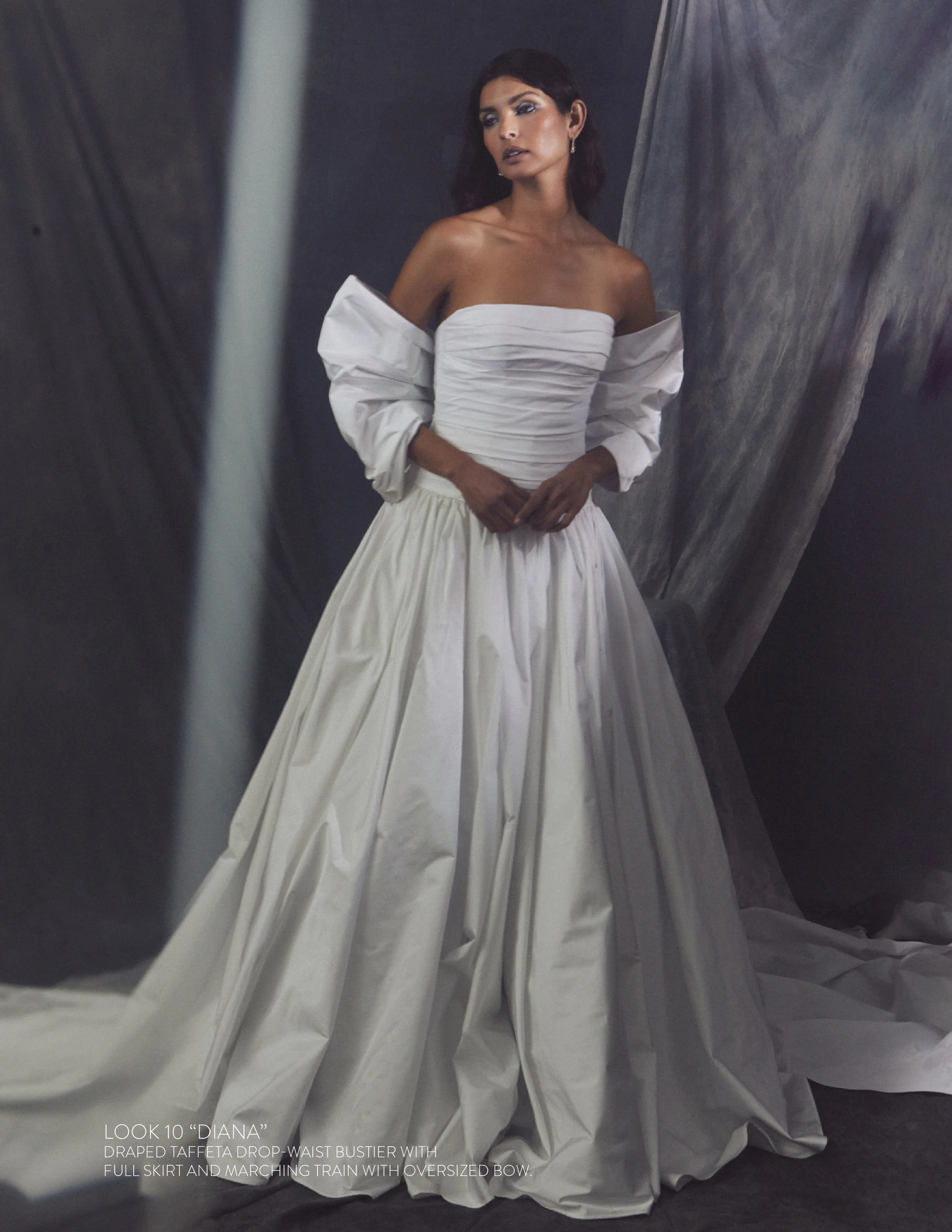 DIANA GOWN - Draped taffeta drop-waist bustier with full skirt and marching train with oversized bow.